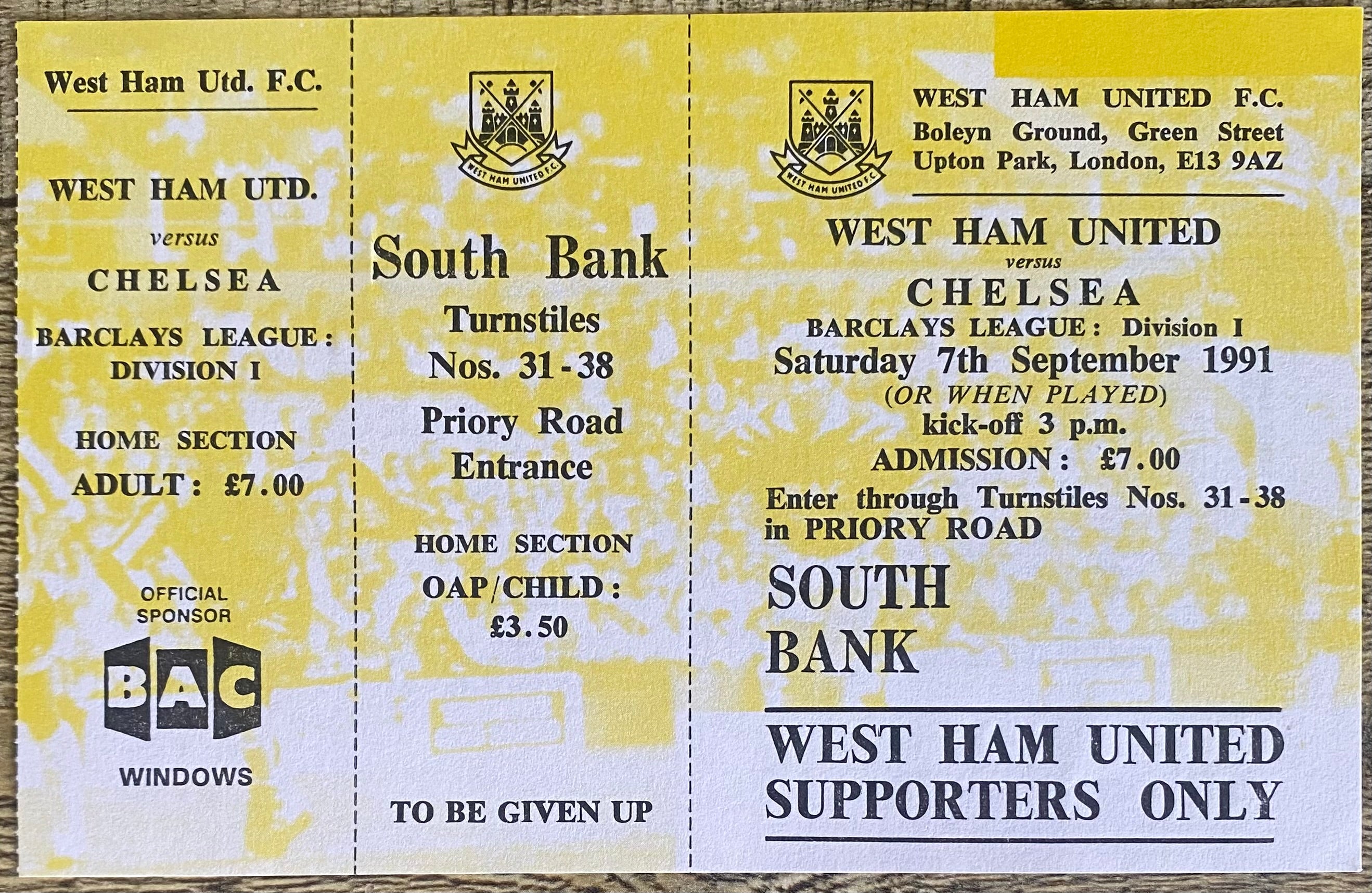 1991/92 ORIGINAL DIVISION 1  UNUSED TICKET WEST HAM UNITED V CHELSEA