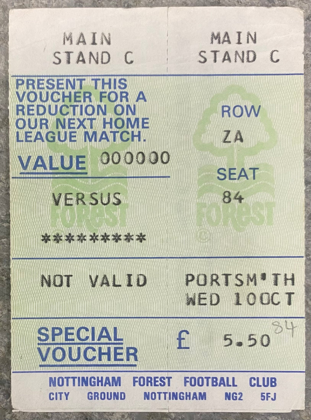 1984/85 ORIGINAL MILK CUP 2ND ROUND 2ND LEG TICKET NOTTINGHAM FOREST V PORTSMOUTH