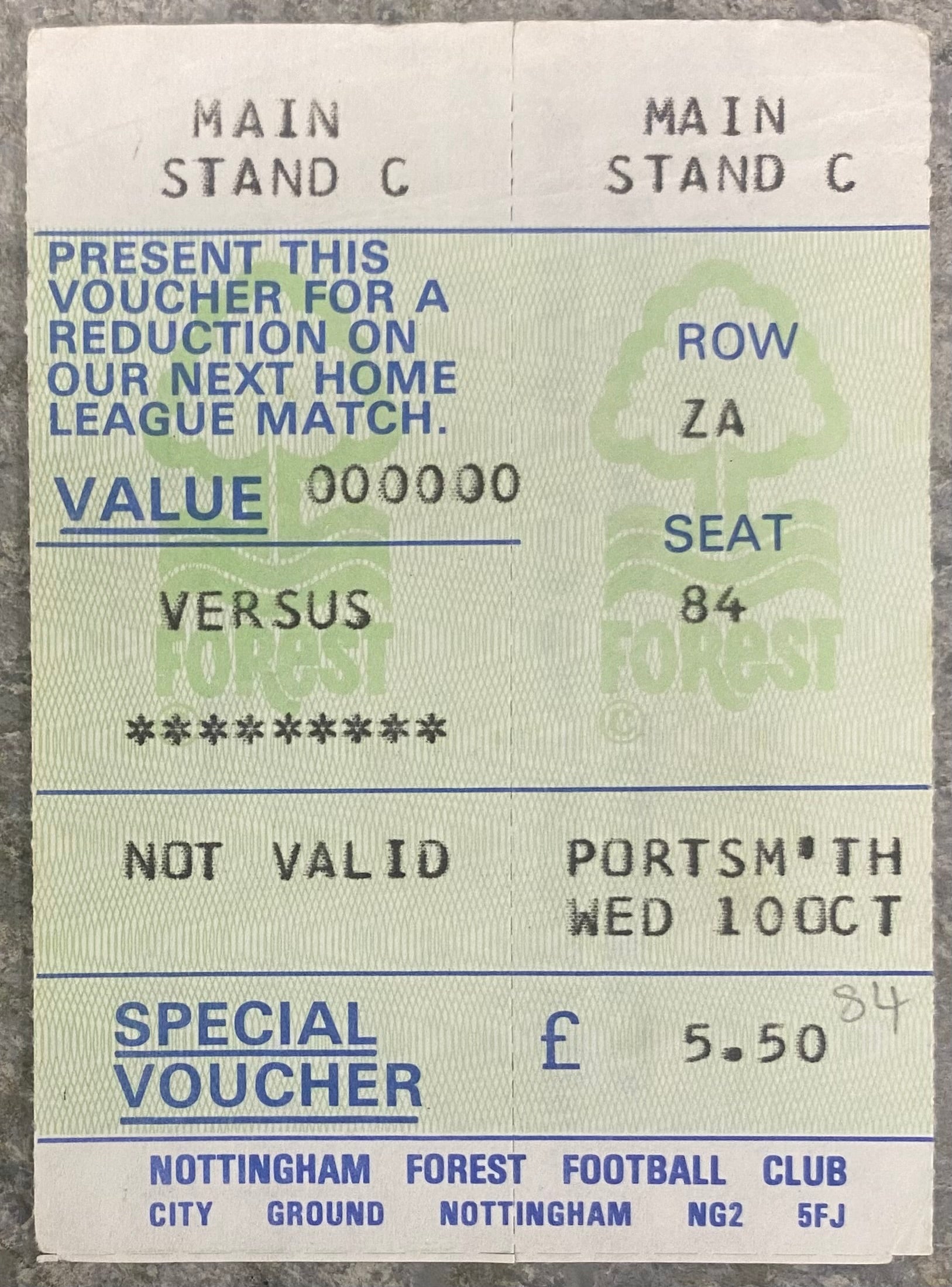 1984/85 ORIGINAL MILK CUP 2ND ROUND 2ND LEG TICKET NOTTINGHAM FOREST V PORTSMOUTH