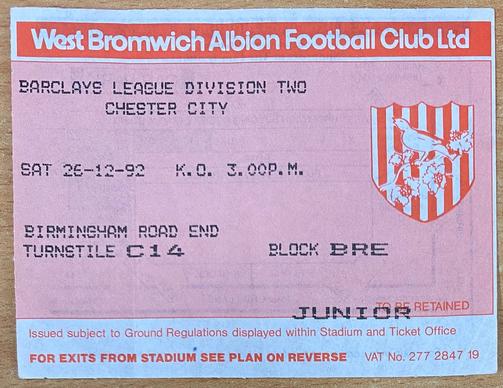 1992/93 ORIGINAL DIVISION 2 TICKET WEST BROMWICH ALBION V CHESTER CITY