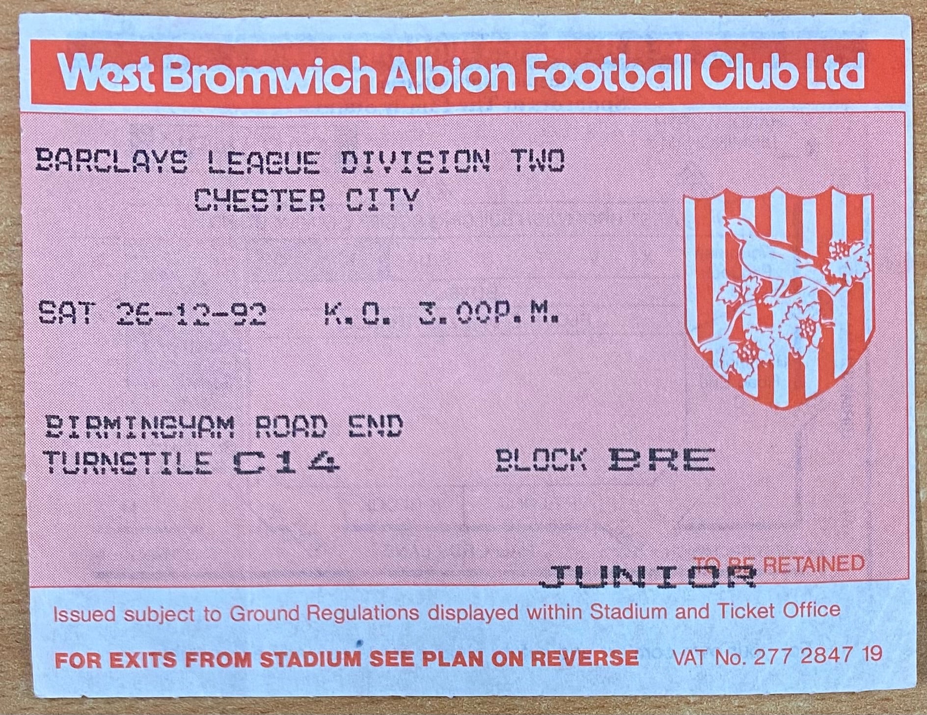 1992/93 ORIGINAL DIVISION 2 TICKET WEST BROMWICH ALBION V CHESTER CITY
