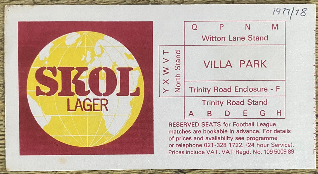 1977/78 ORIGINAL DIVISION 1 TICKET ASTON VILLA V LEEDS UNITED