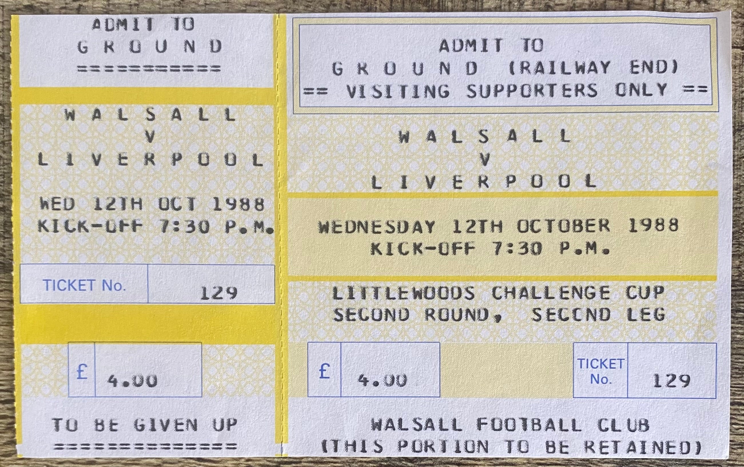 1988/89 ORIGINAL LITTLEWOODS CUP 2ND ROUND 2ND LEG UNUSED TICKET WALSALL V LIVERPOOL