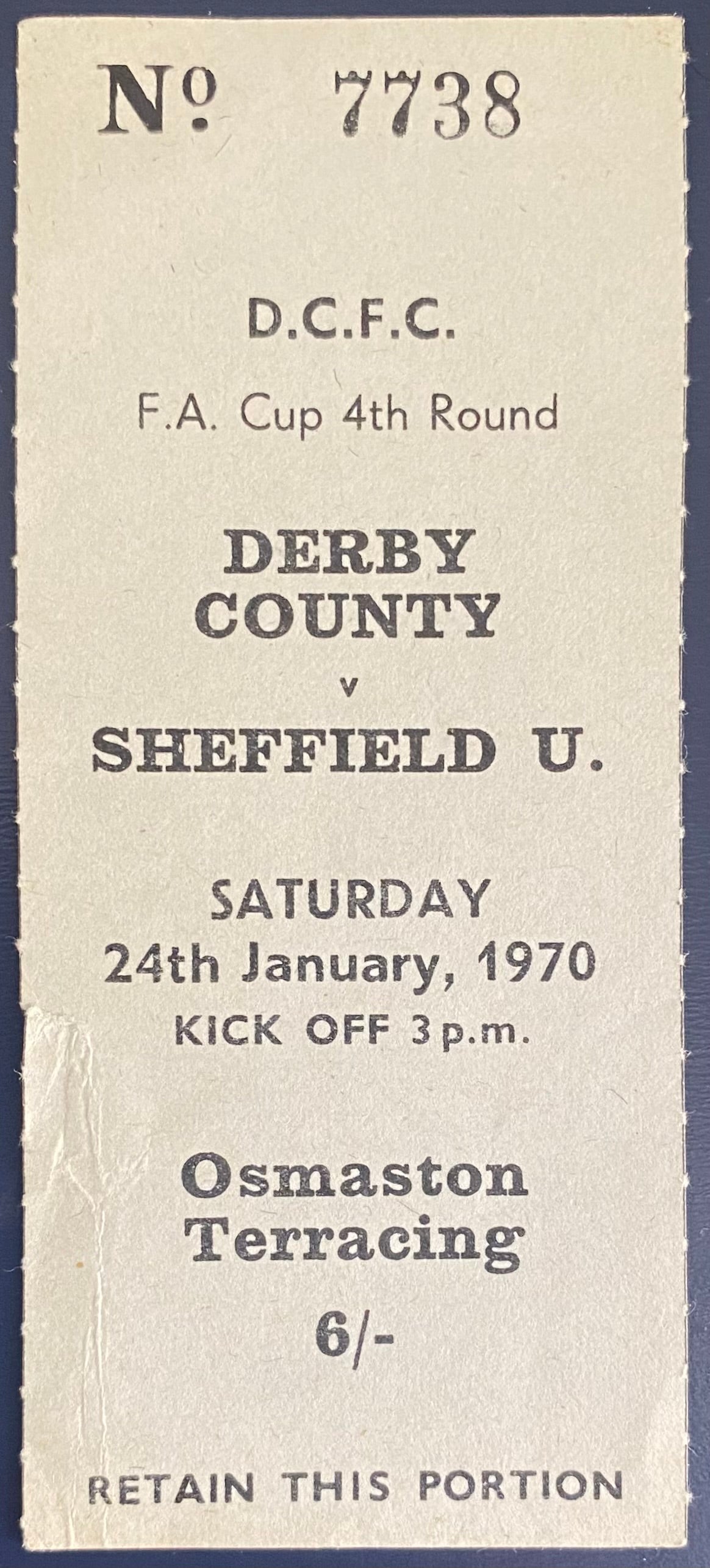 1969/70 ORIGINAL FA CUP 3RD ROUND TICKET DERBY COUNTY V SHEFFIELD UNITED