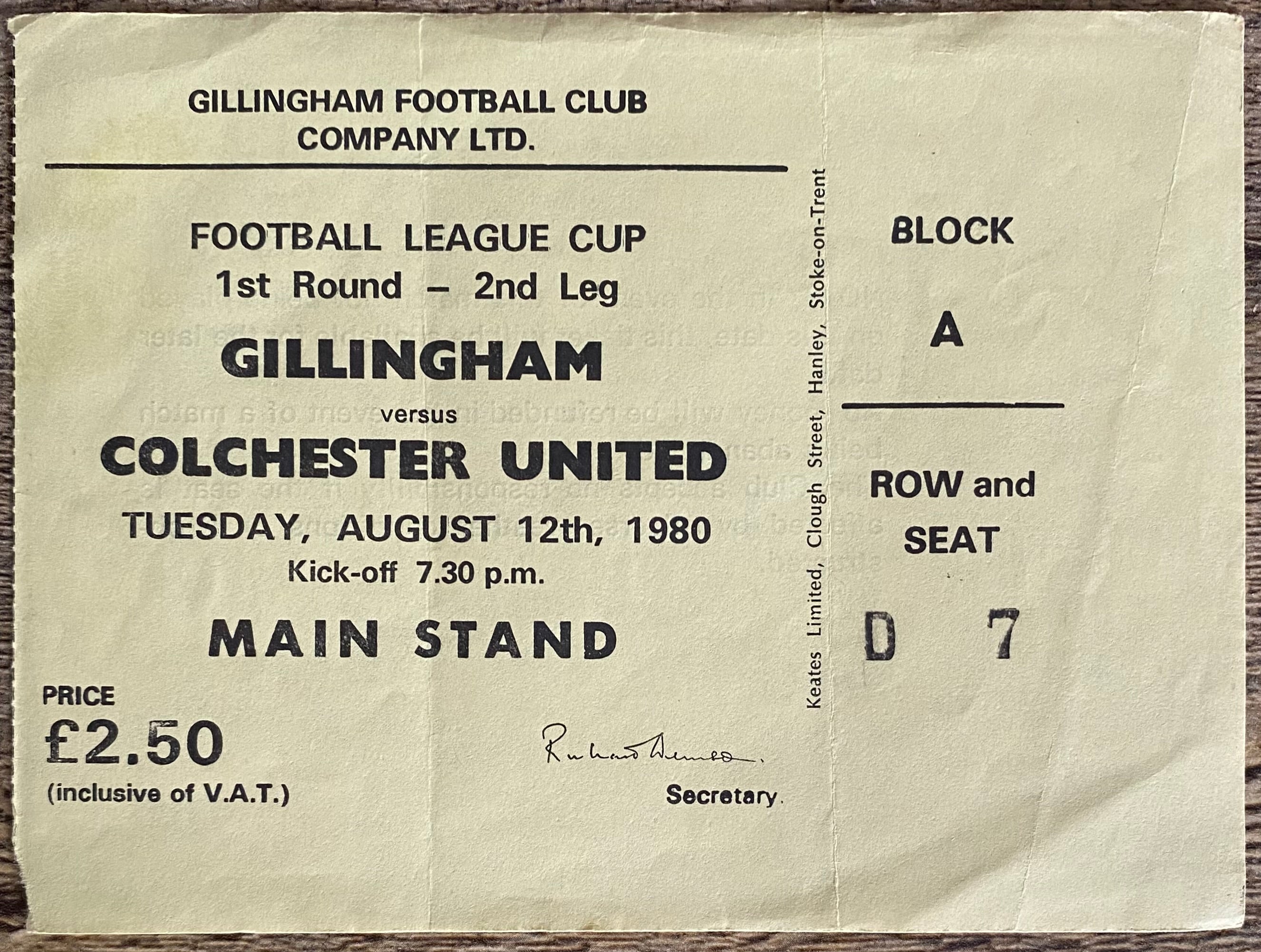 1980/81 ORIGINAL LEAGUE CUP 1ST ROUND 2ND LEG TICKET GILLINGHAM V COLCHESTER UNITED