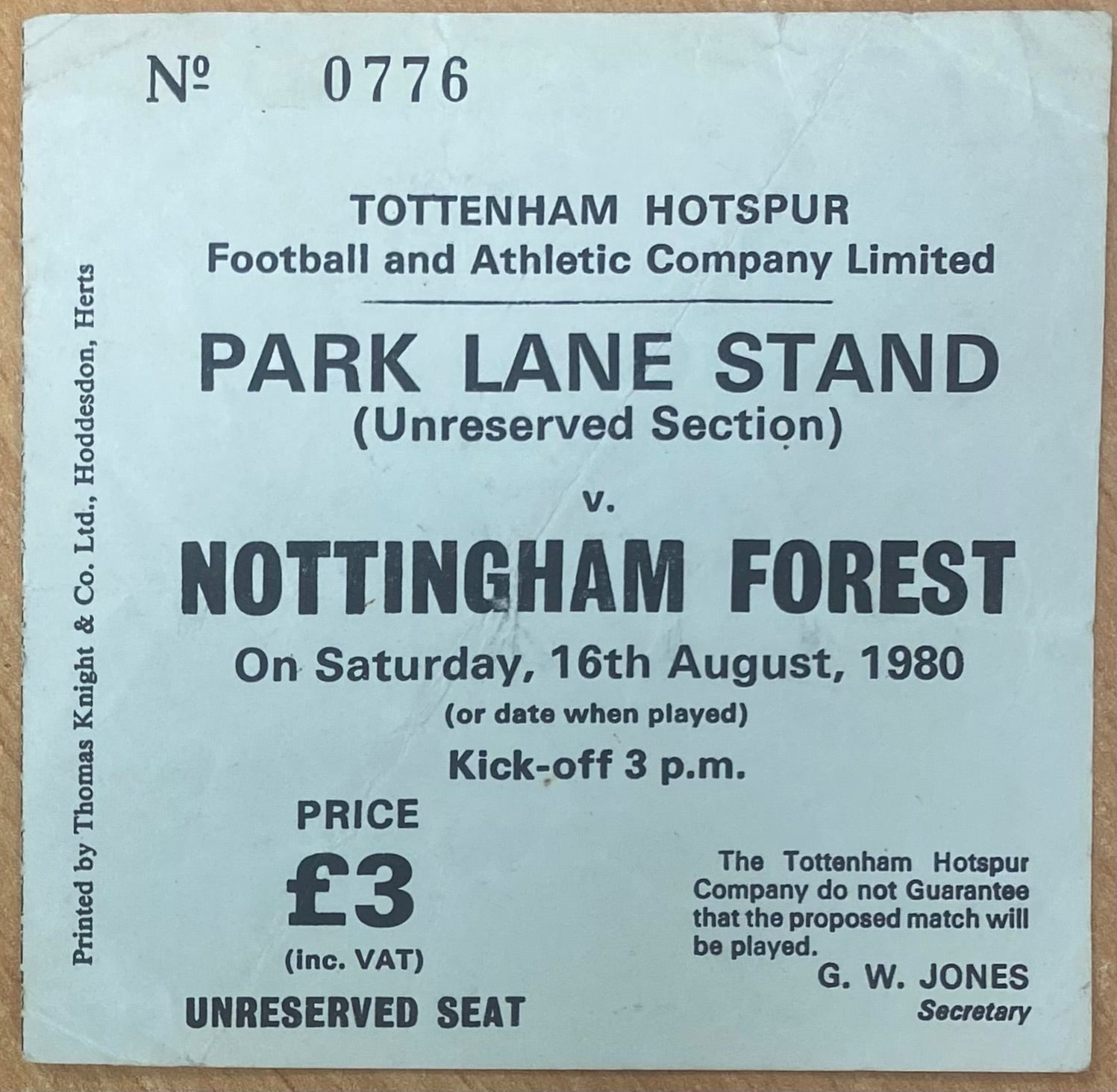 1980/81 ORIGINAL DIVISION ONE TICKET TOTTENHAM HOTSPUR V NOTTINGHAM FOREST
