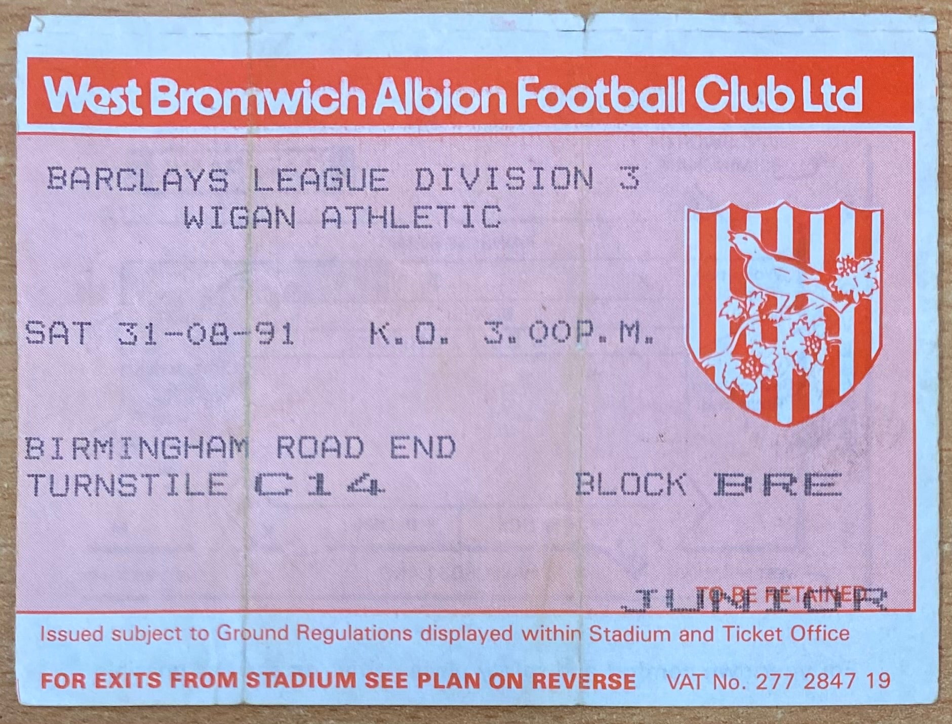 1991/92 ORIGINAL DIVISION 3 TICKET WEST BROMWICH ALBION V WIGAN ATHLETIC