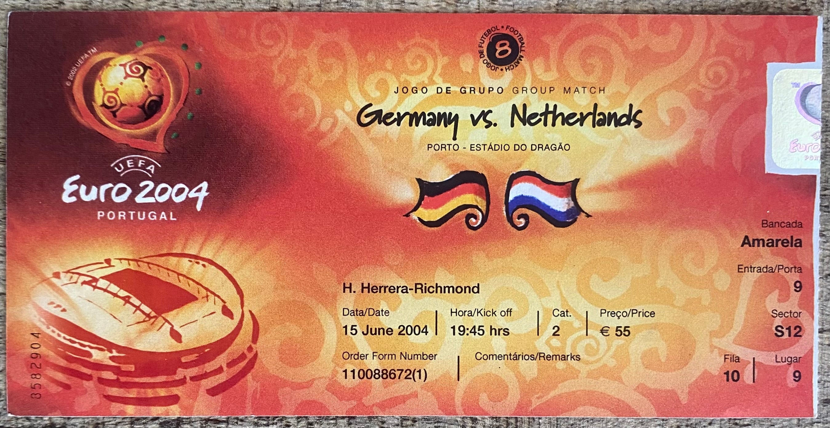 2004 ORIGINAL EUROPEAN CHAMPIONSHIPS TICKET NETHERLANDS V GERMANY @ PORTO