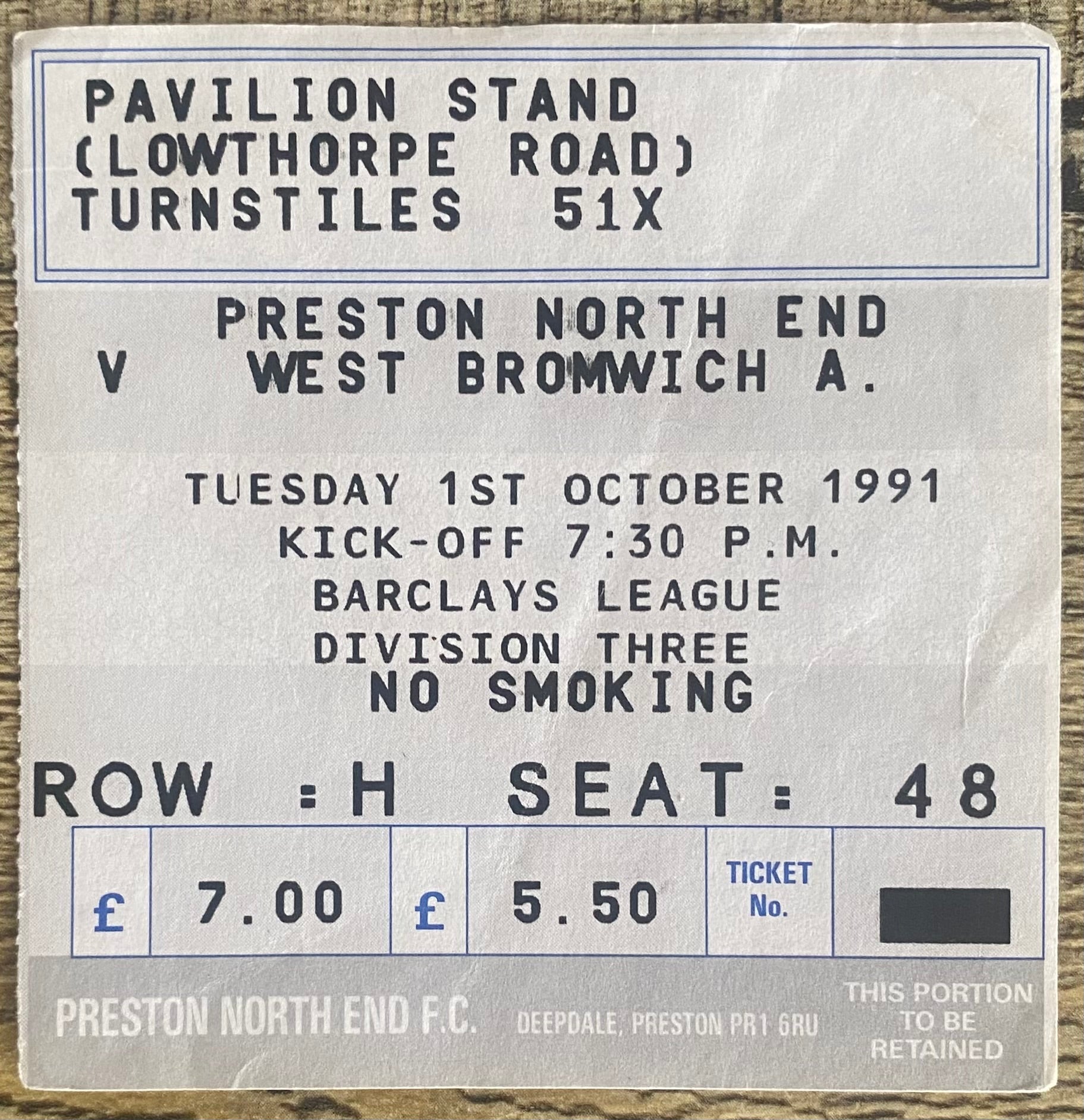1991/92 ORIGINAL DIVISION 3 TICKET PRESTON NORTH END V WEST BROMWICH ALBION