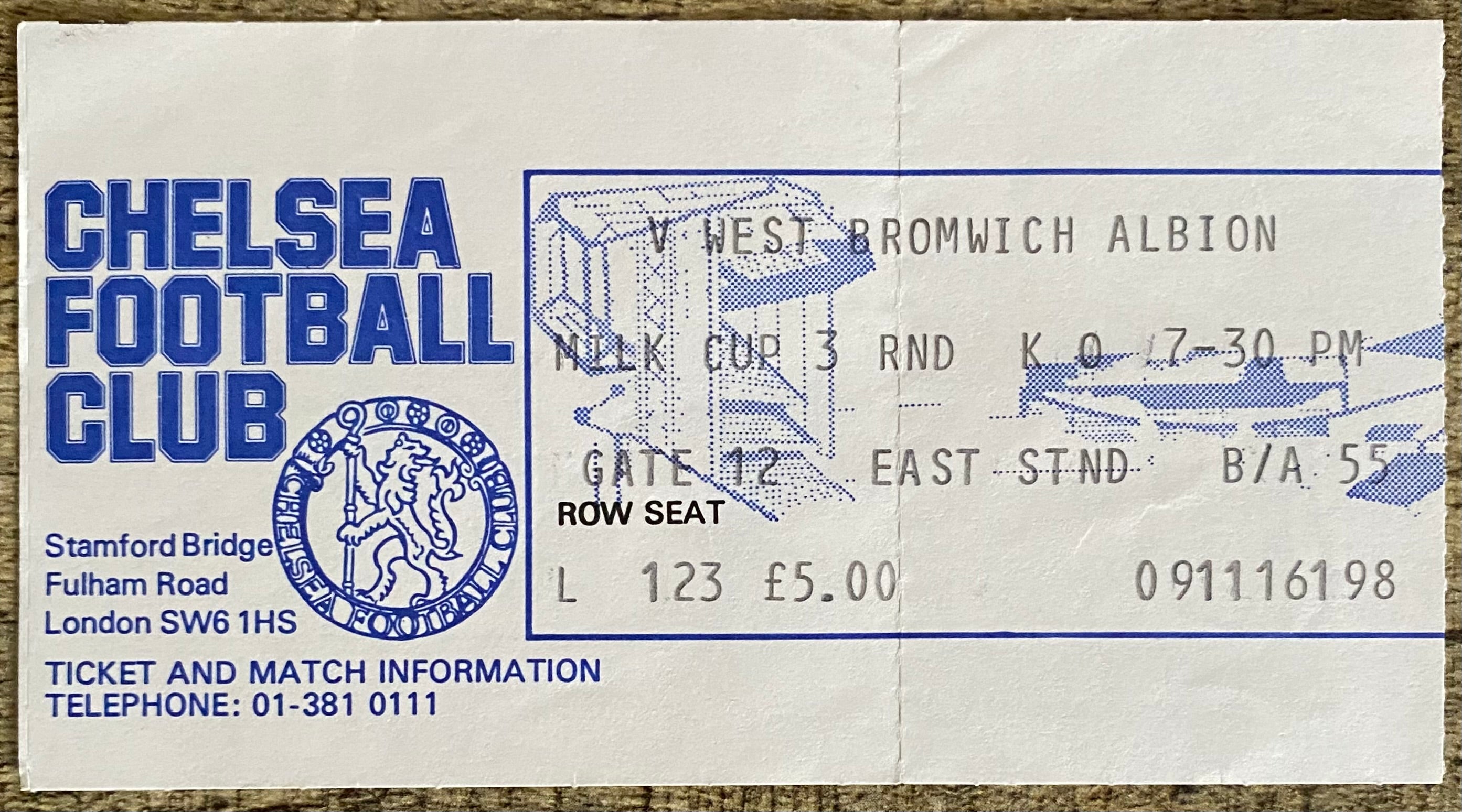 1983/84 ORIGINAL MILK CUP 3RD ROUND TICKET CHELSEA V WEST BROMWICH ALBION