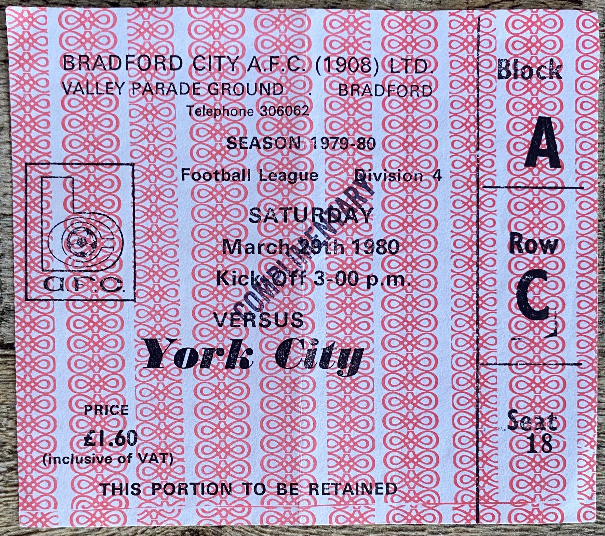1979/80 ORIGINAL DIVISION 4 TICKET BRADFORD CITY V YORK CITY