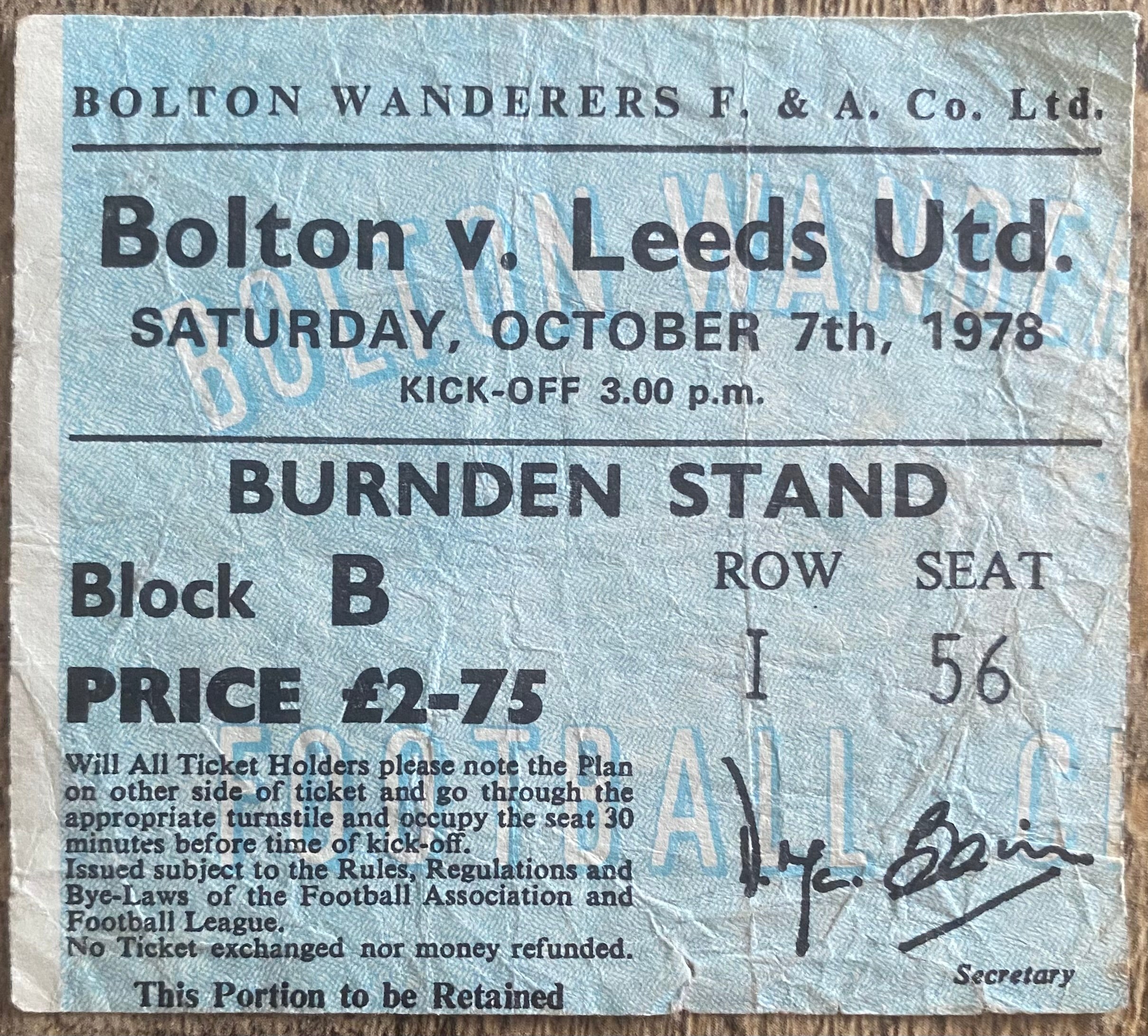 1978/79 ORIGINAL DIVISION ONE TICKET BOLTON WANDERERS V LEEDS UNITED