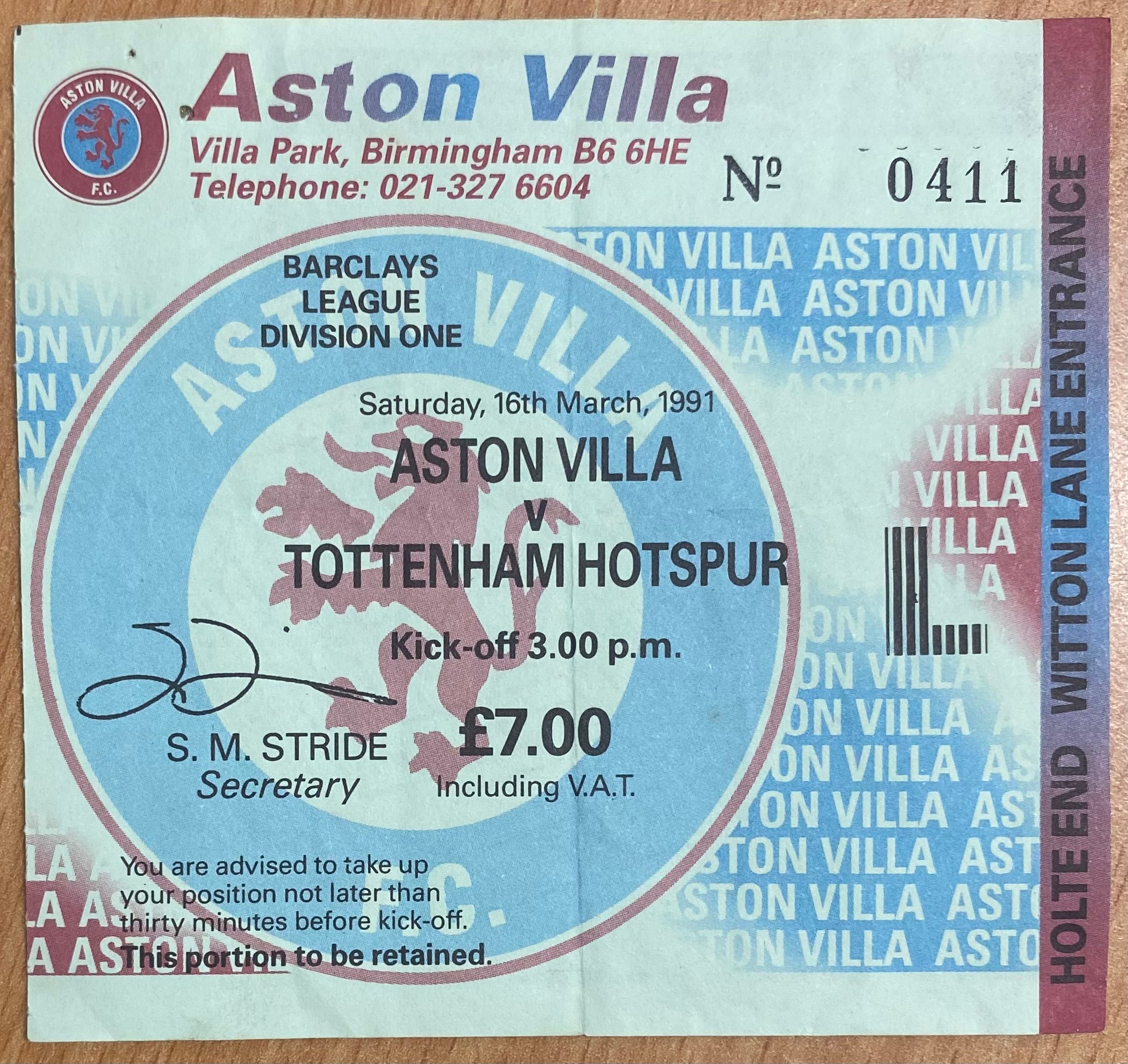 1990/91 ORIGINAL DIVISION 1 UNUSED TICKET ASTON VILLA V TOTTENHAM HOTSPUR