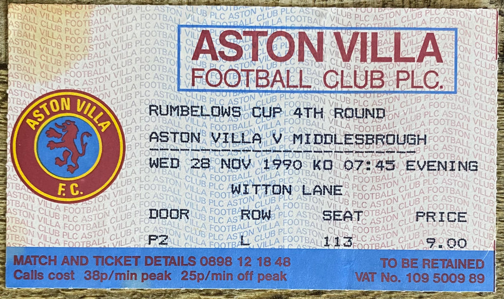 1990/91 ORIGINAL RUMBELOWS CUP 4TH ROUND TICKET ASTON VILLA V MIDDLESBROUGH