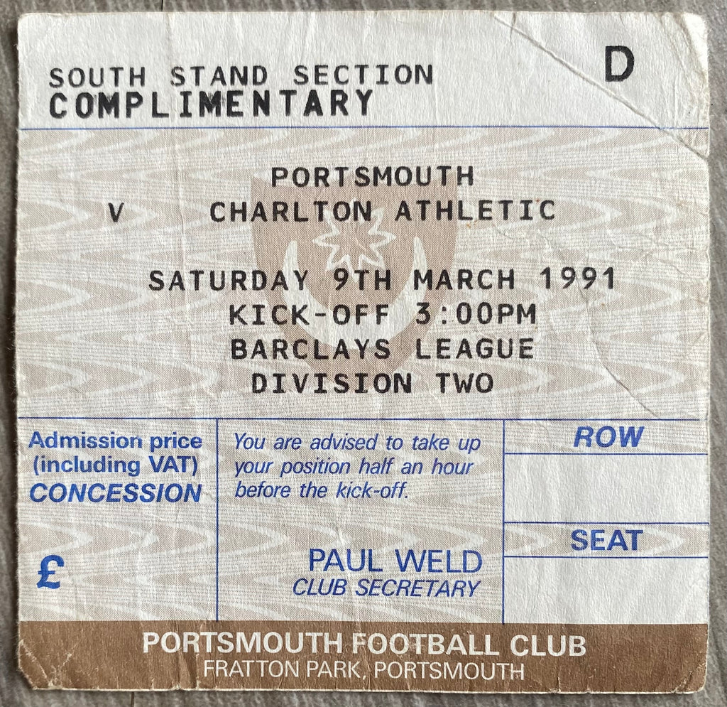 1990/91 ORIGINAL DIVISION 2 TICKET PORTSMOUTH V CHARLTON ATHLETIC