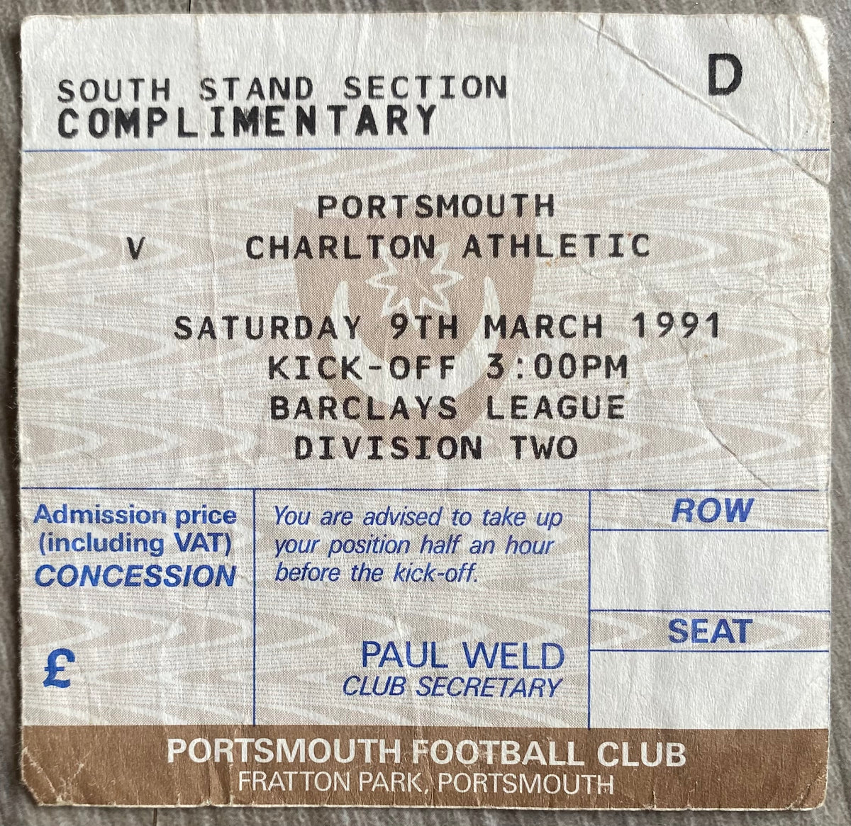 1990/91 ORIGINAL DIVISION 2 TICKET PORTSMOUTH V CHARLTON ATHLETIC
