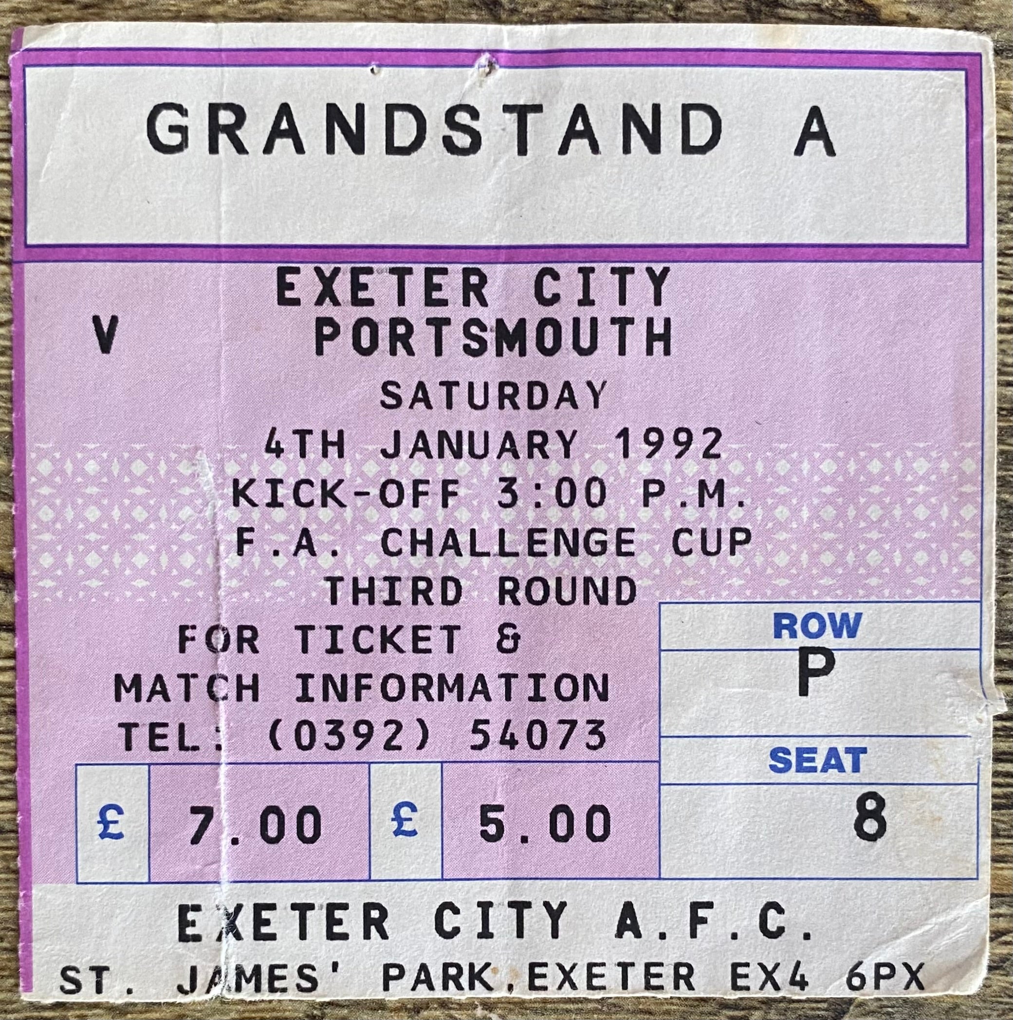 1991/92 ORIGINAL FA CUP 3RD ROUND TICKET EXETER CITY V PORTSMOUTH