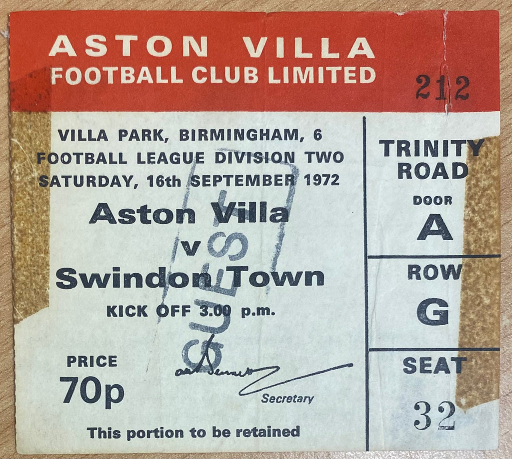 1972/73 ORIGINAL DIVISION 2 TICKET ASTON VILLA V SWINDON TOWN