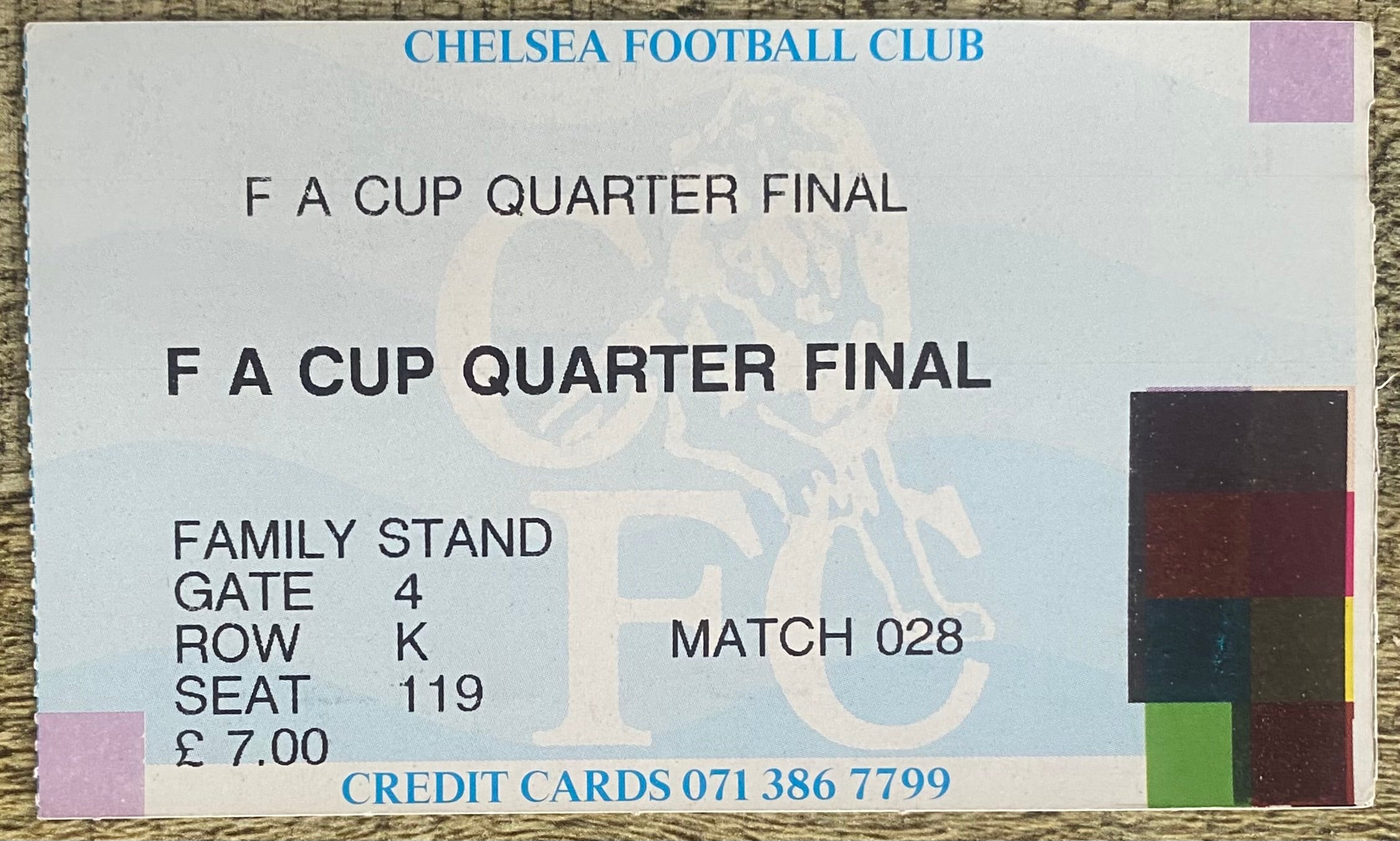 1991/92 ORIGINAL FA CUP 6TH ROUND TICKET CHELSEA V SUNDERLAND