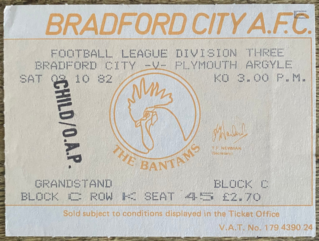 1982/83 ORIGINAL DIVISION 3 TICKET BRADFORD CITY V PLYMOUTH ARGYLE