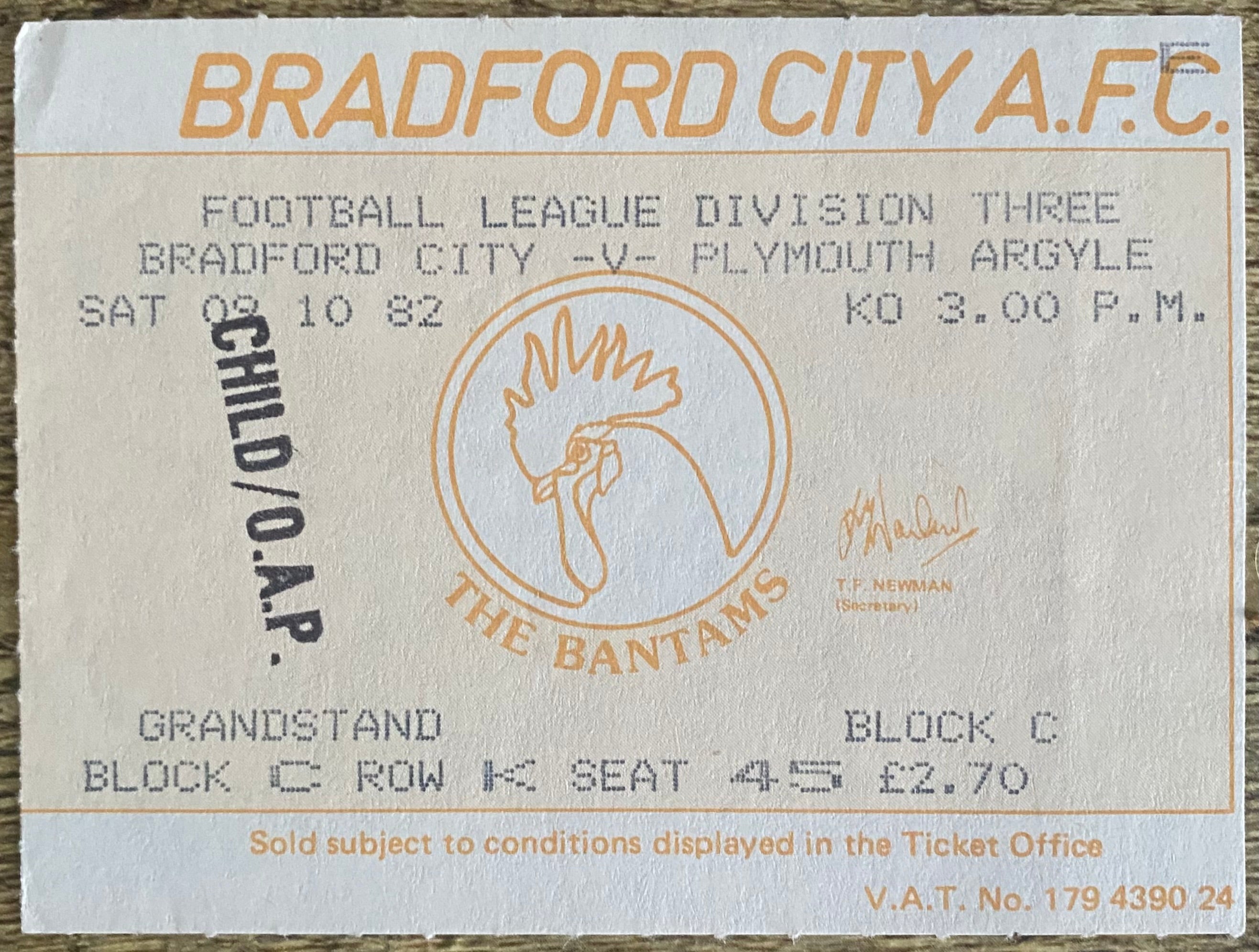 1982/83 ORIGINAL DIVISION 3 TICKET BRADFORD CITY V PLYMOUTH ARGYLE