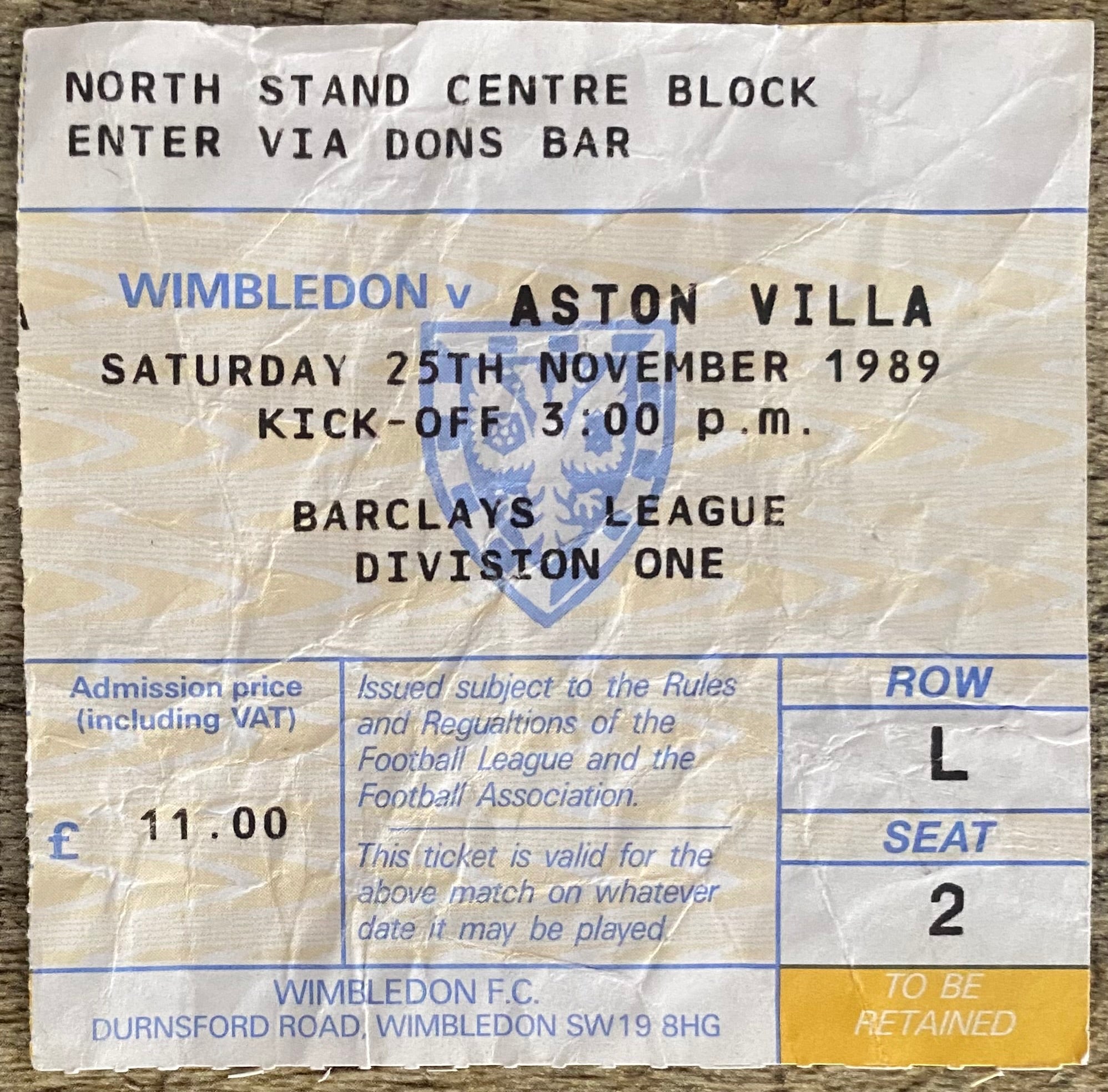 1989/90 ORIGINAL DIVISION 1 TICKET WIMBLEDON V ASTON VILLA