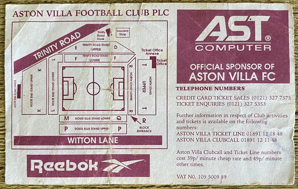 1995/96 ORIGINAL FA PREMIERSHIP TICKET ASTON VILLA V NEWCASTLE UNITED