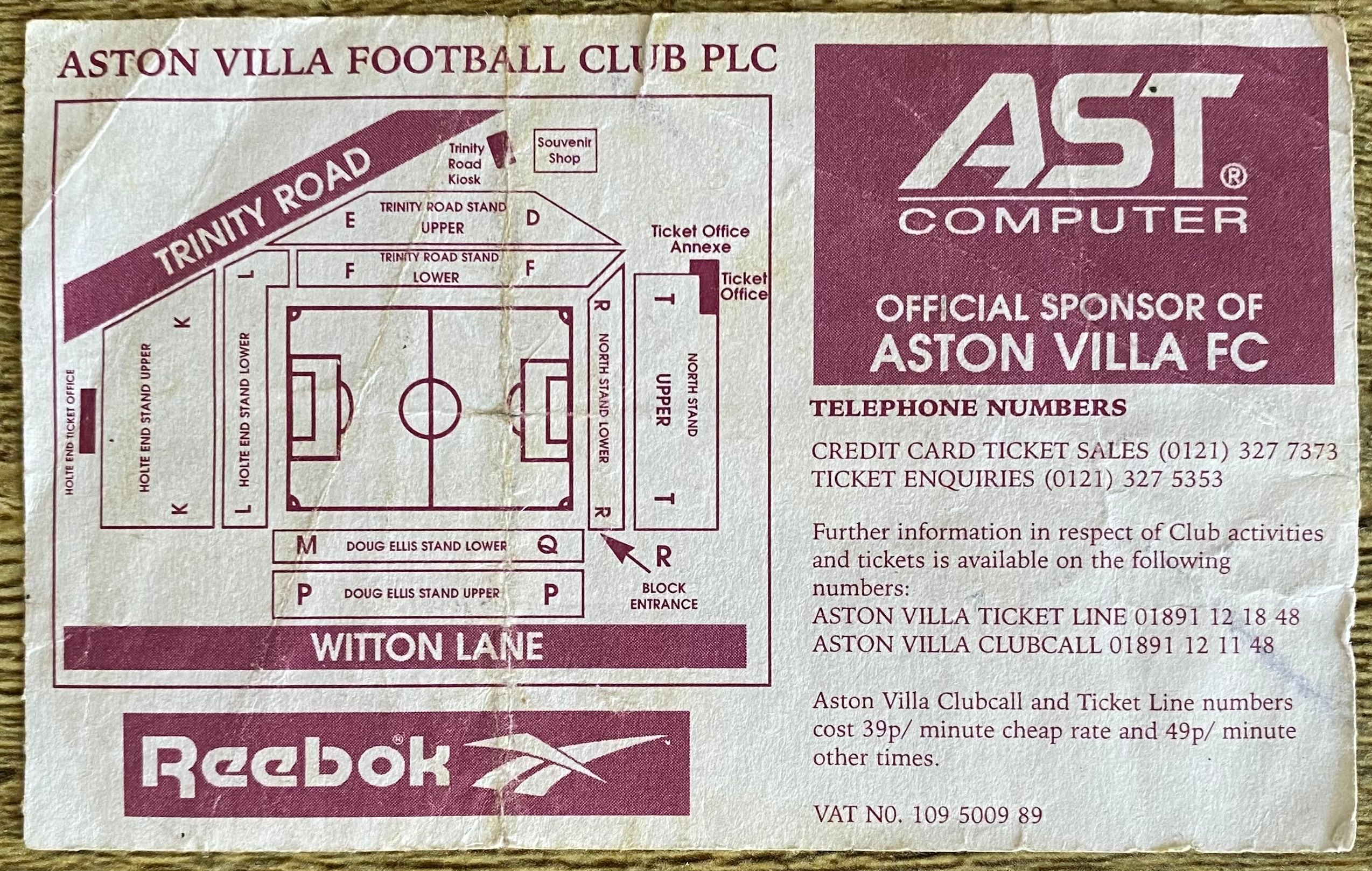 1995/96 ORIGINAL FA PREMIERSHIP TICKET ASTON VILLA V NEWCASTLE UNITED