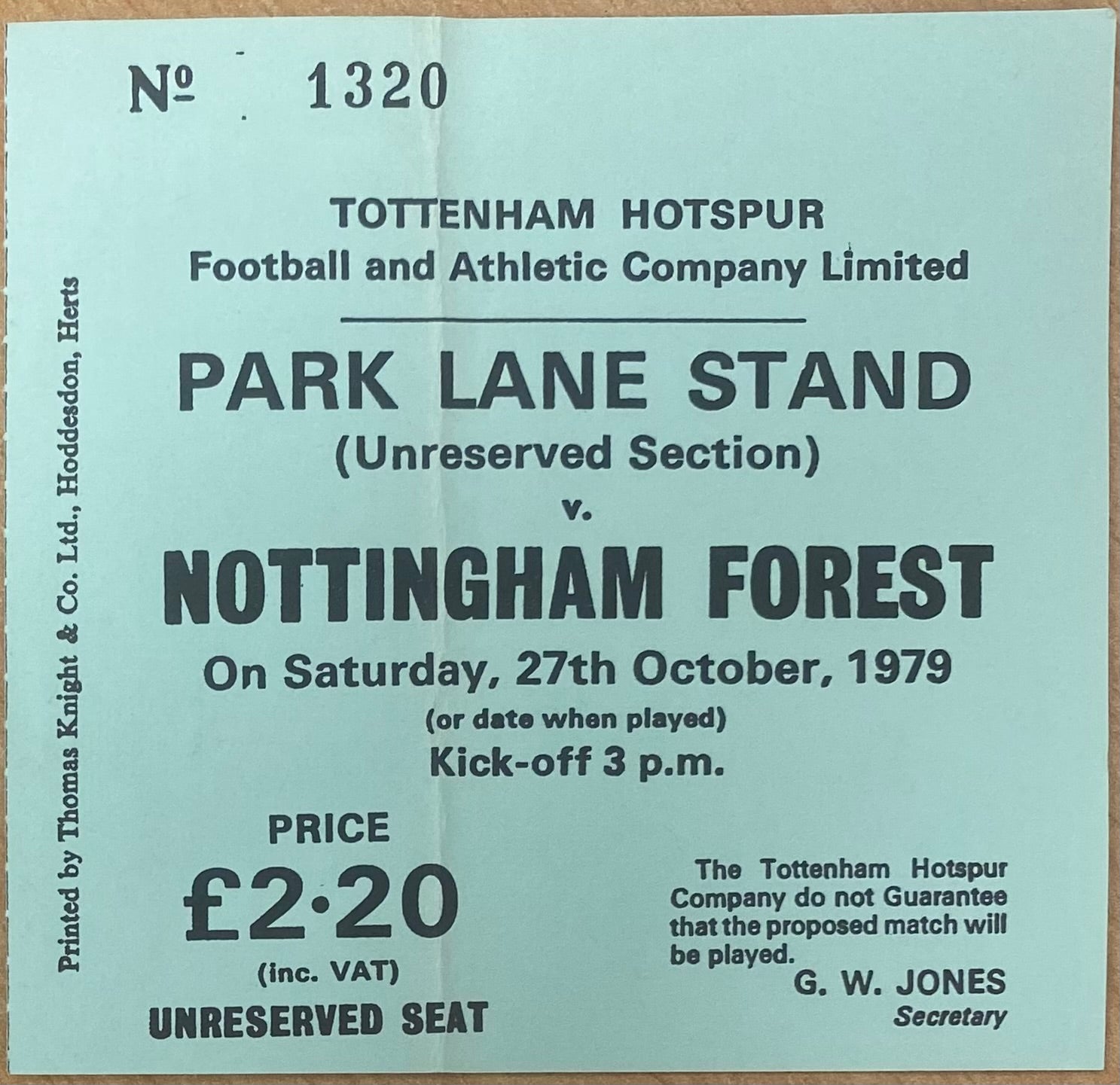 1979/80 ORIGINAL DIVISION ONE TICKET TOTTENHAM HOTSPUR V NOTTINGHAM FOREST