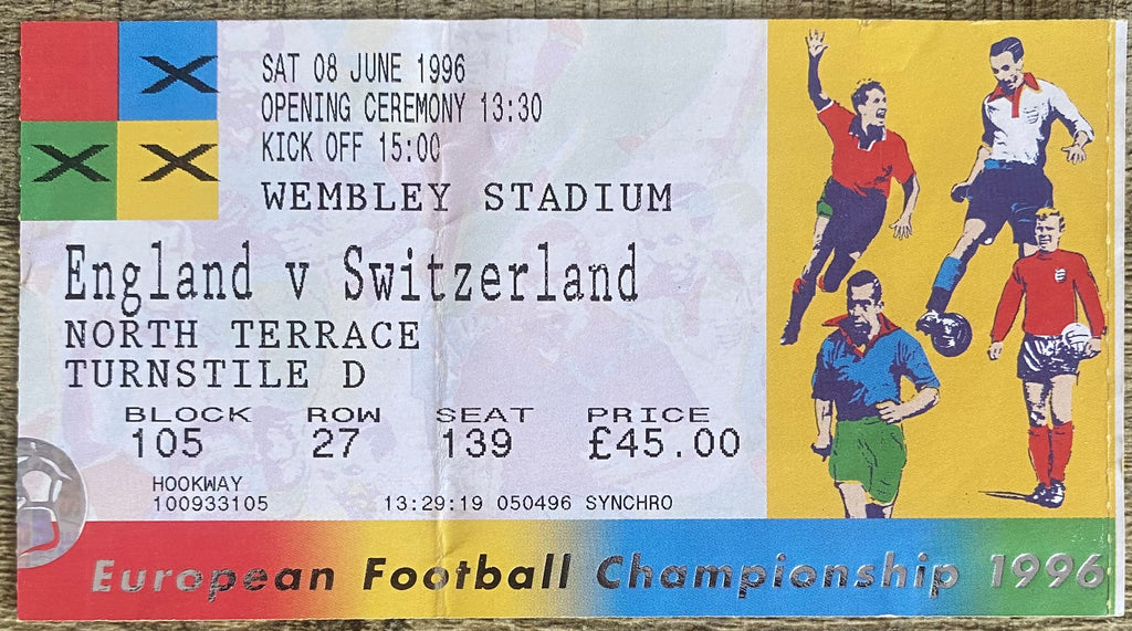 1996 ORIGINAL EUROPEAN CHAMPIONSHIPS EURO 96 OPENING MATCH TICKET ENGLAND V SWITZERLAND @ WEMBLEY