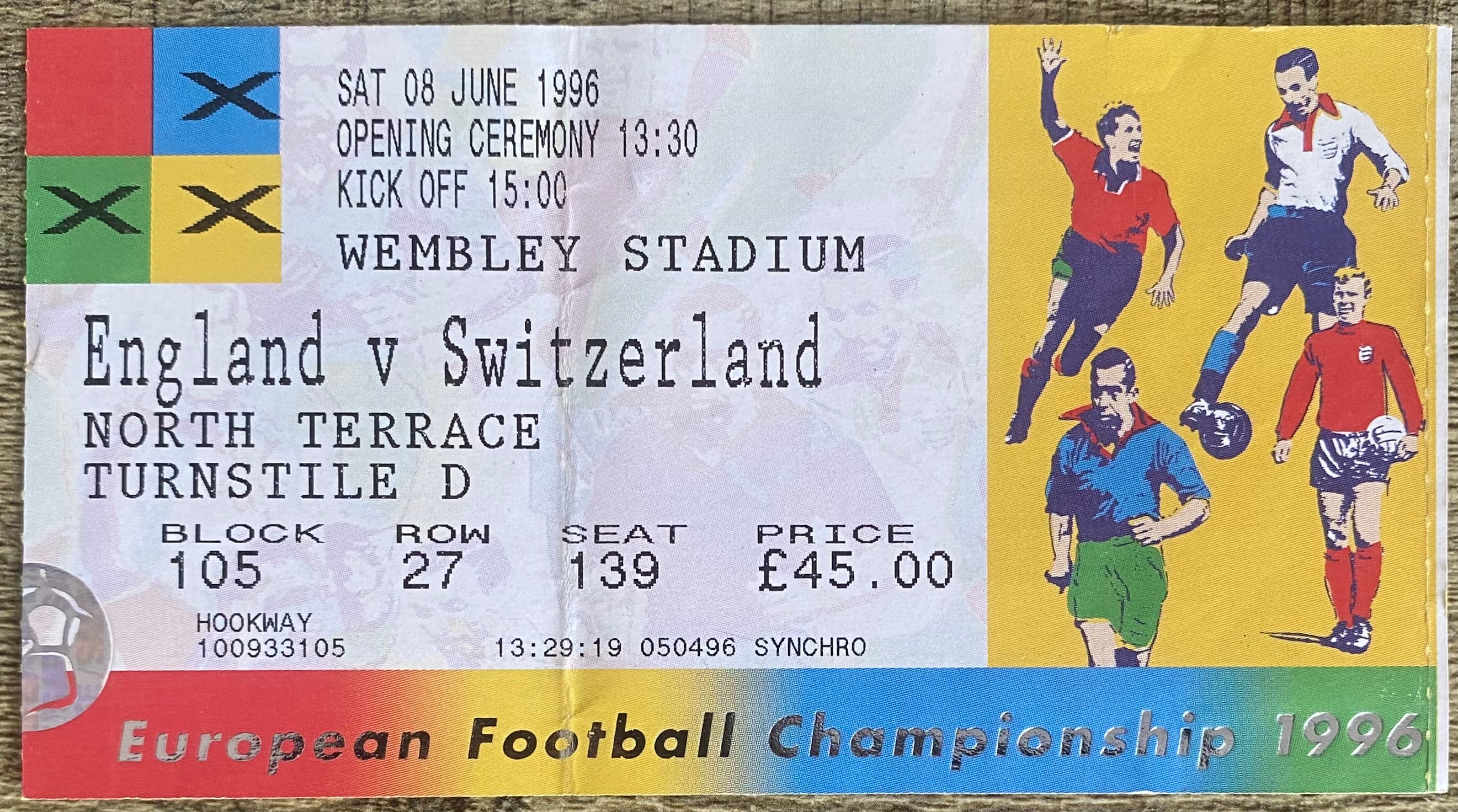 1996 ORIGINAL EUROPEAN CHAMPIONSHIPS EURO 96 OPENING MATCH TICKET ENGLAND V SWITZERLAND @ WEMBLEY