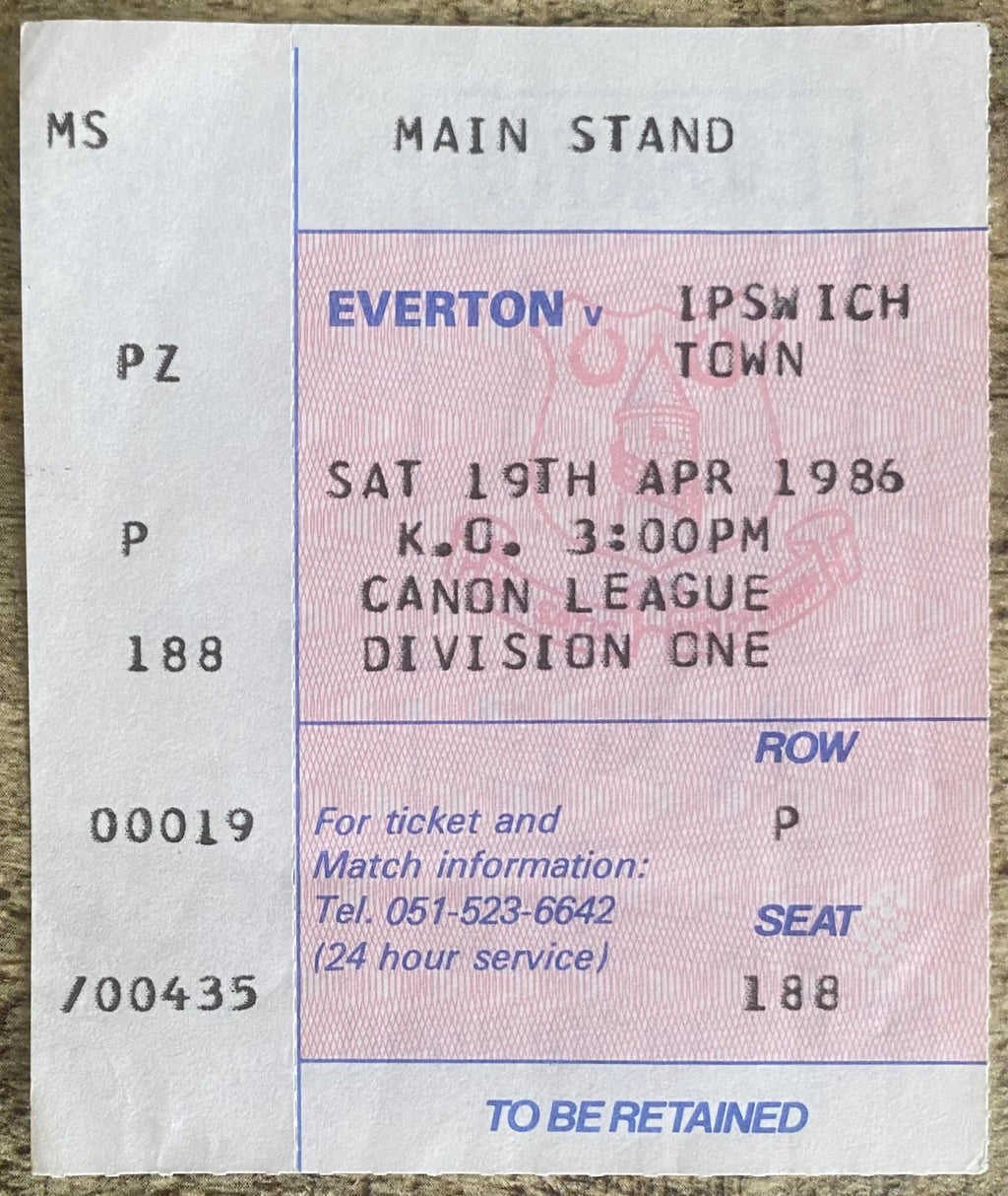 1985/86  ORIGINAL DIVISION ONE TICKET EVERTON V IPSWICH TOWN