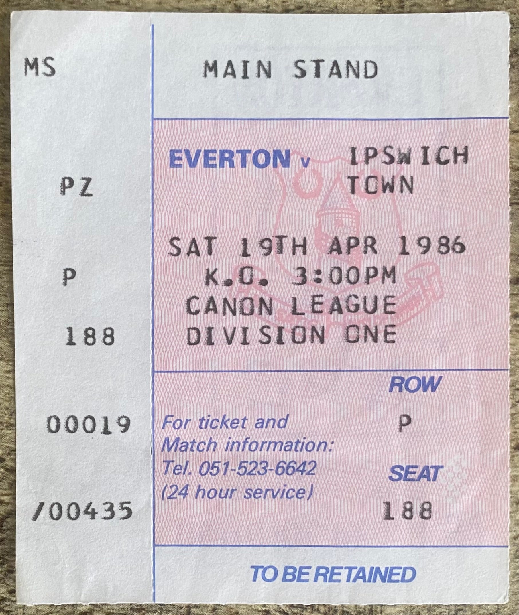 1985/86  ORIGINAL DIVISION ONE TICKET EVERTON V IPSWICH TOWN