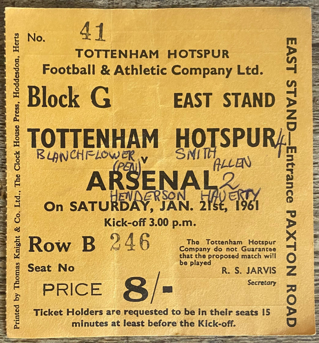 1960/61 ORIGINAL DIVISION ONE TICKET TOTTENHAM HOTSPUR V ARSENAL
