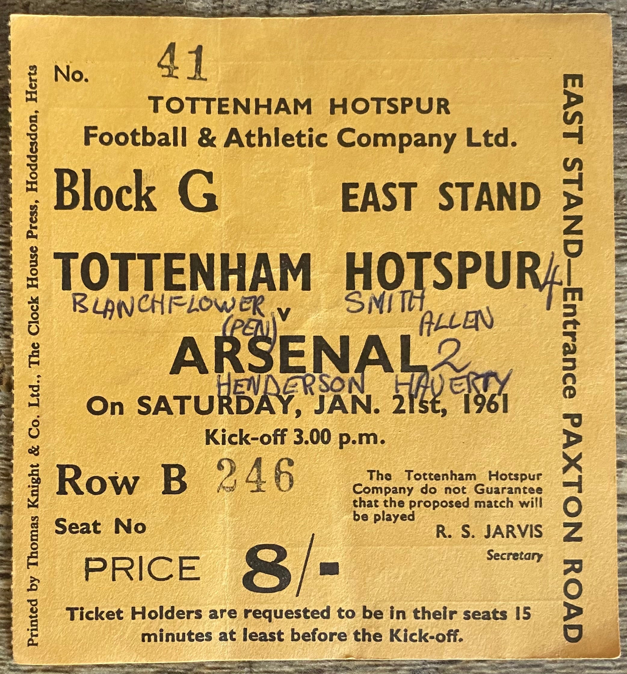1960/61 ORIGINAL DIVISION ONE TICKET TOTTENHAM HOTSPUR V ARSENAL