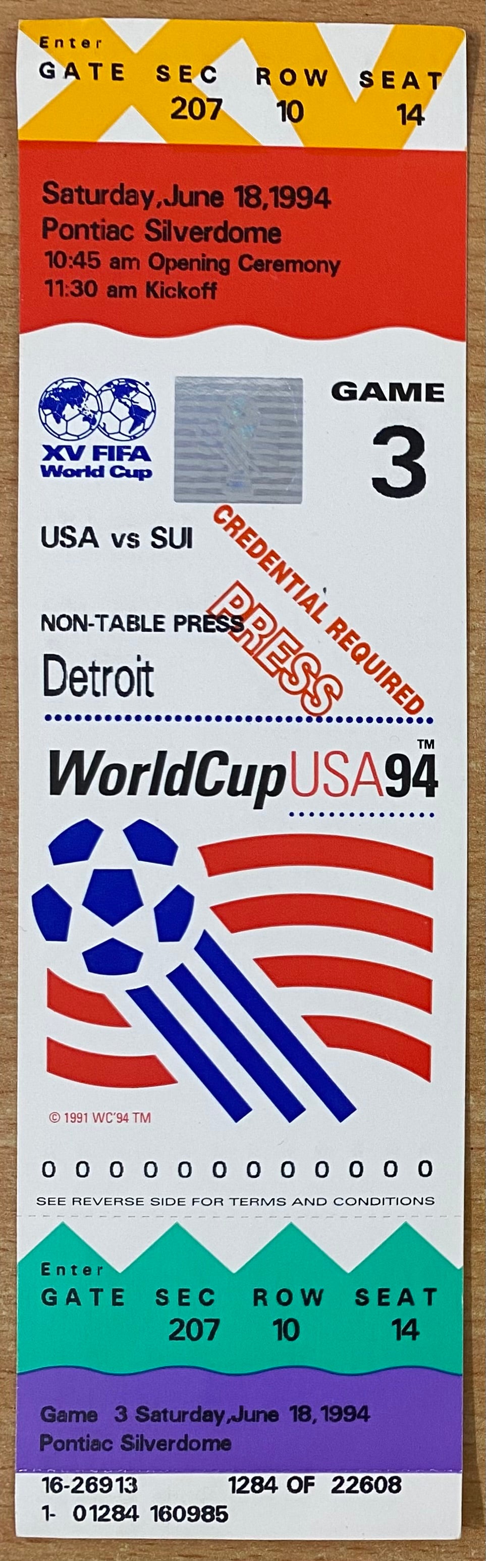 1994 ORIGINAL WORLD CUP UNUSED TICKET UNITED STATES V SWITZERLAND @ DETROIT