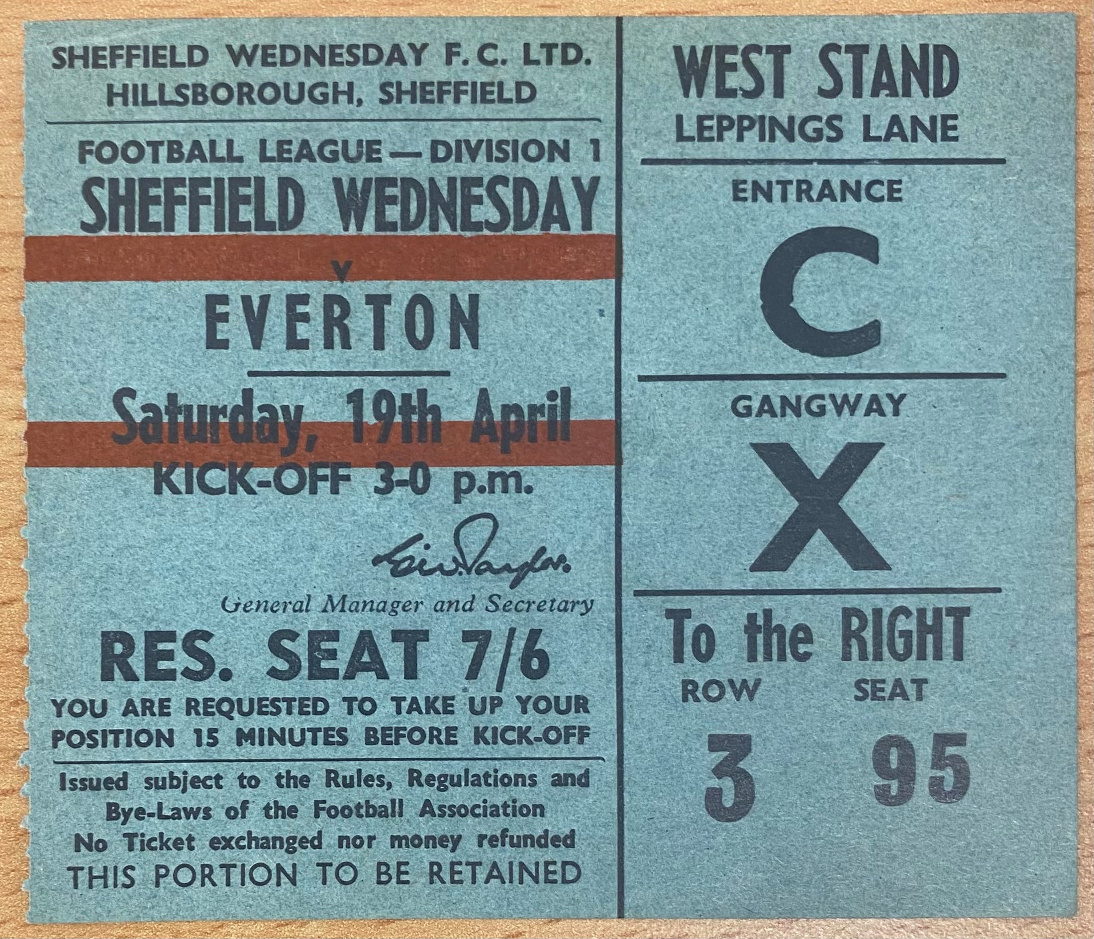 1968/69 ORIGINAL DIVISION 1 TICKET SHEFFIELD WEDNESDAY V EVERTON
