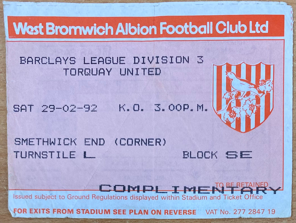 1991/92 ORIGINAL DIVISION 3 TICKET WEST BROMWICH ALBION V TORQUAY UNITED