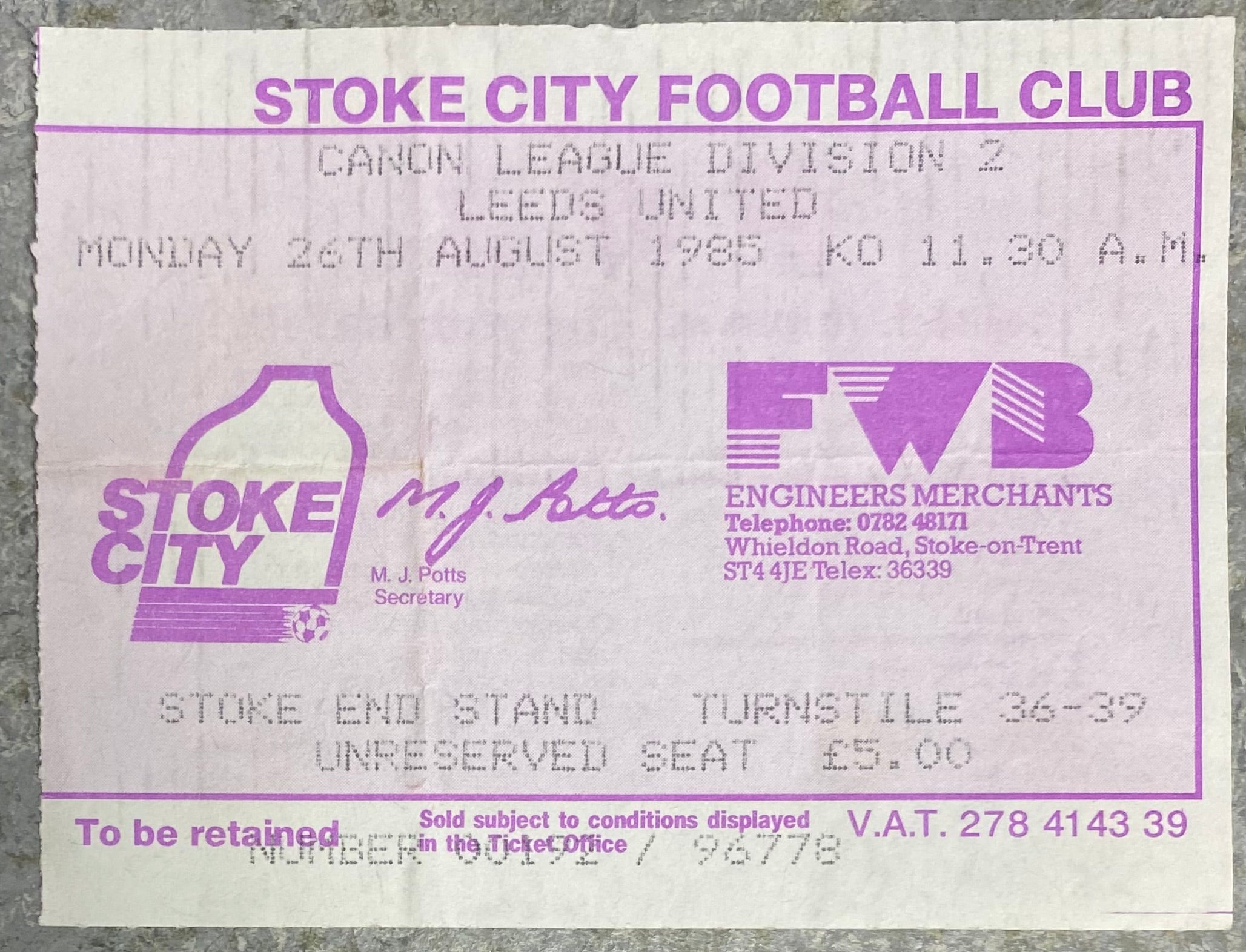 1985/86 ORIGINAL DIVISION TWO TICKET STOKE CITY V LEEDS UNITED
