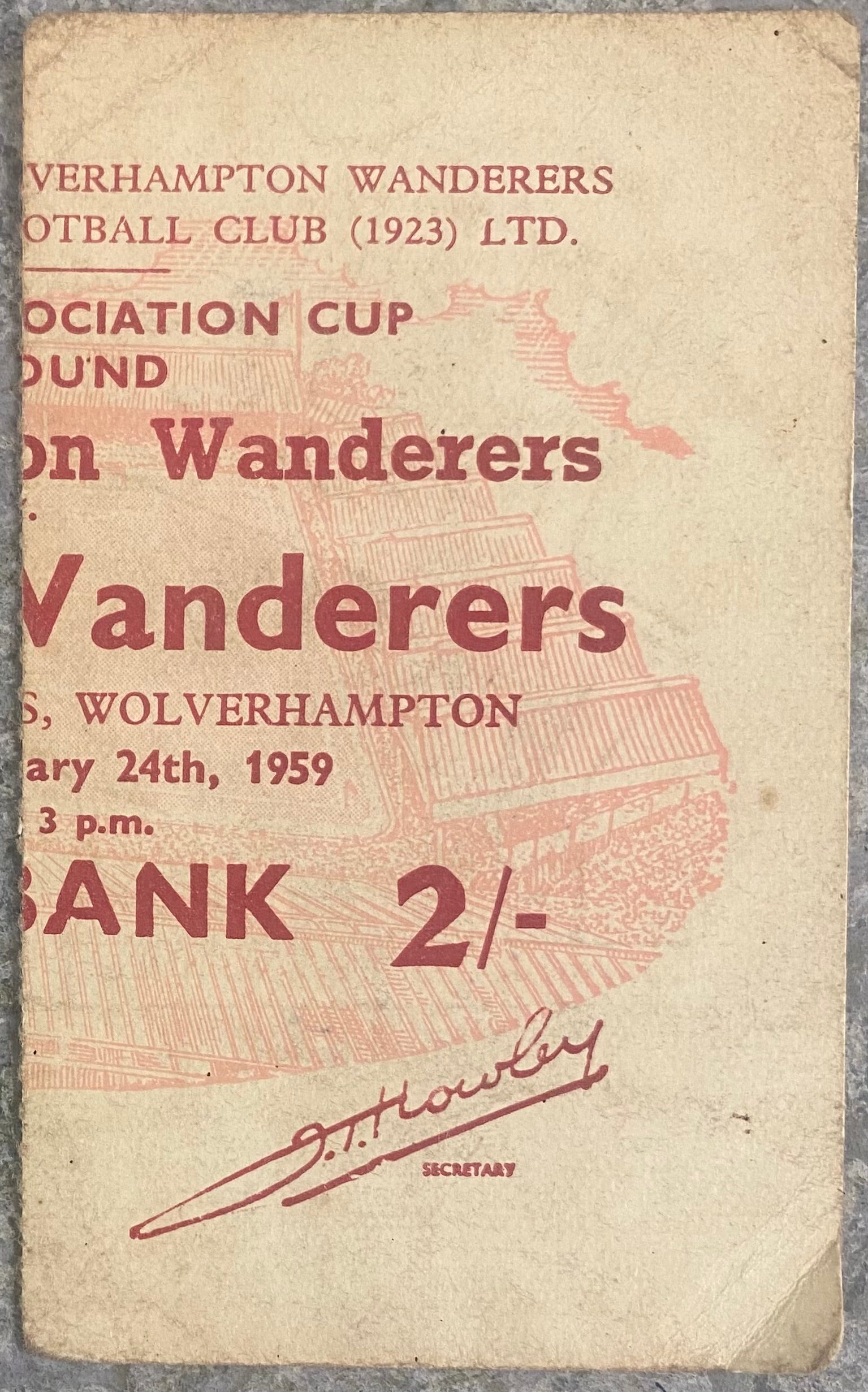 1958/59 ORIGINAL FA CUP 4TH ROUND TICKET WOLVERHAMPTON WANDERERS V BOLTON