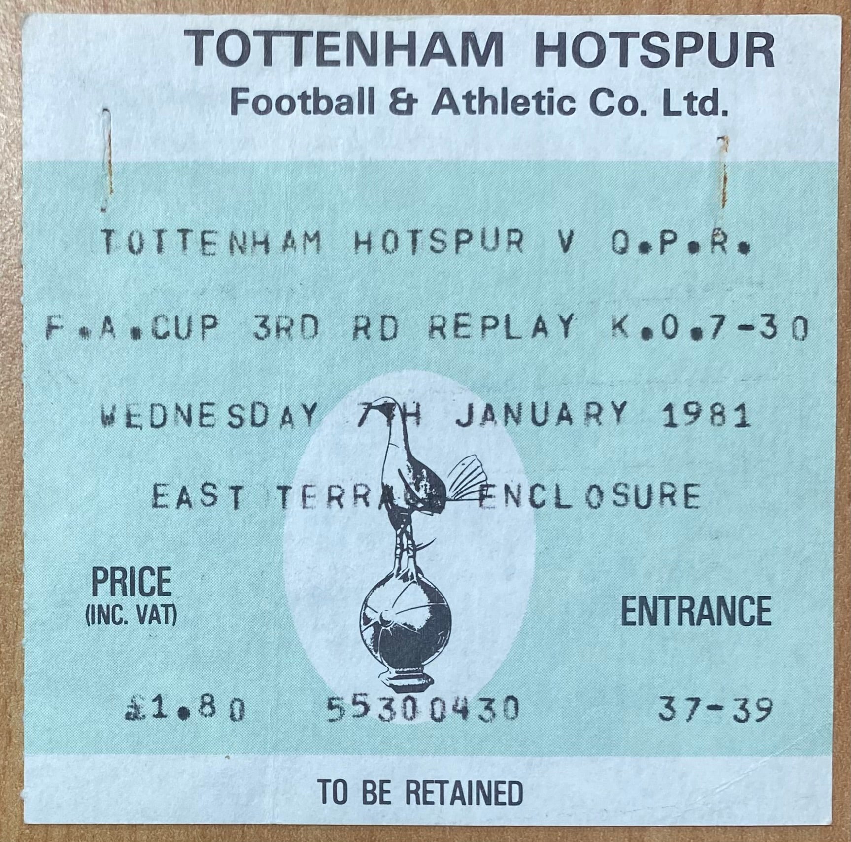 1980/81 ORIGINAL FA CUP 3RD ROUND REPLAY TICKET TOTTENHAM HOTSPUR V QUEENS PARK RANGERS