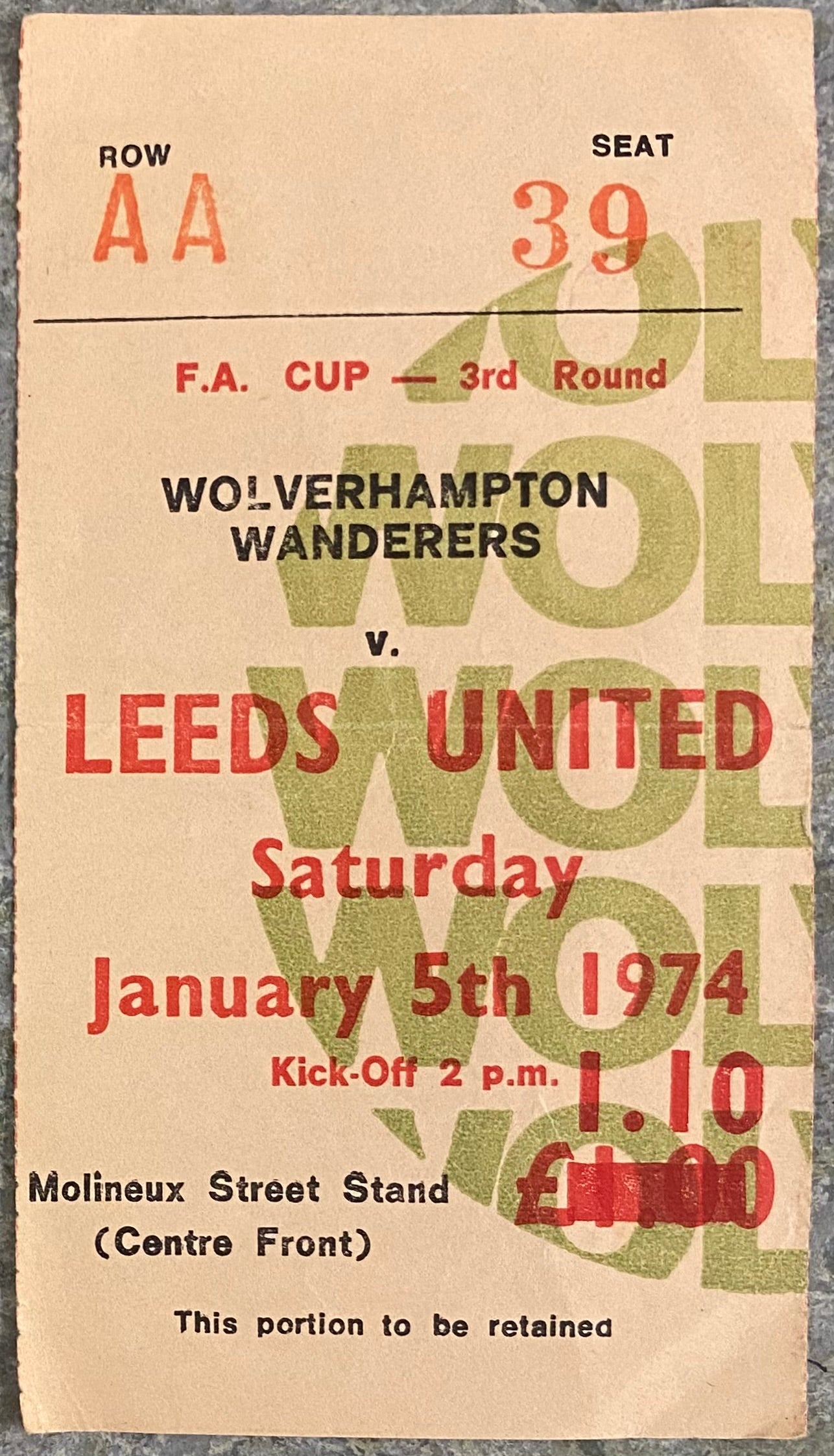 1973/74 ORIGINAL FA CUP 3RD ROUND TICKET WOLVERHAMPTON WANDERERS V LEEDS UNITED