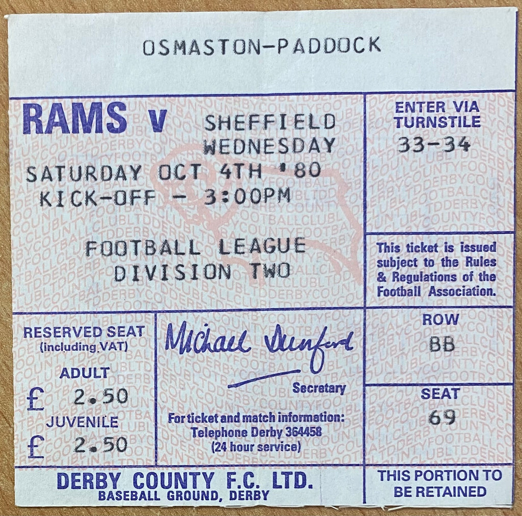 1980/81 ORIGINAL DIVISION 2 TICKET DERBY COUNTY V SHEFFIELD WEDNESDAY