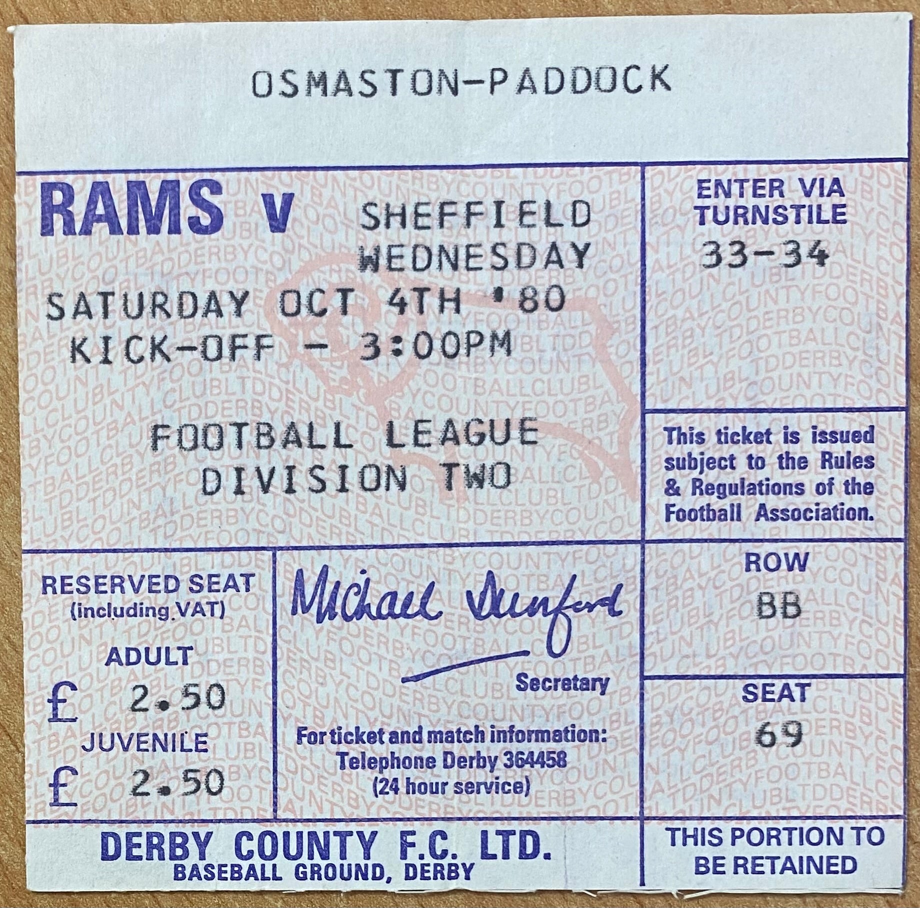 1980/81 ORIGINAL DIVISION 2 TICKET DERBY COUNTY V SHEFFIELD WEDNESDAY