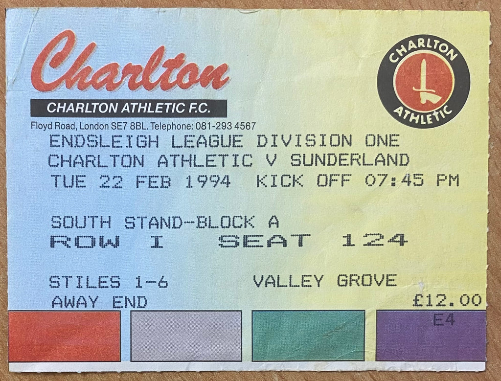 1993/94 ORIGINAL DIVISION 1 TICKET CHARLTON ATHLETIC V SUNDERLAND