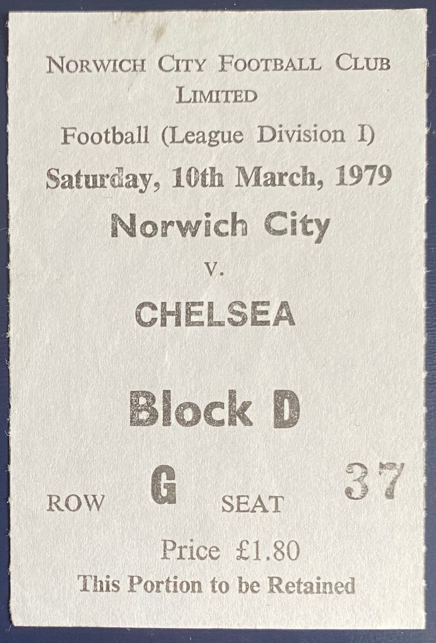 1978/79 ORIGINAL DIVISION 1 TICKET NORWICH CITY V CHELSEA