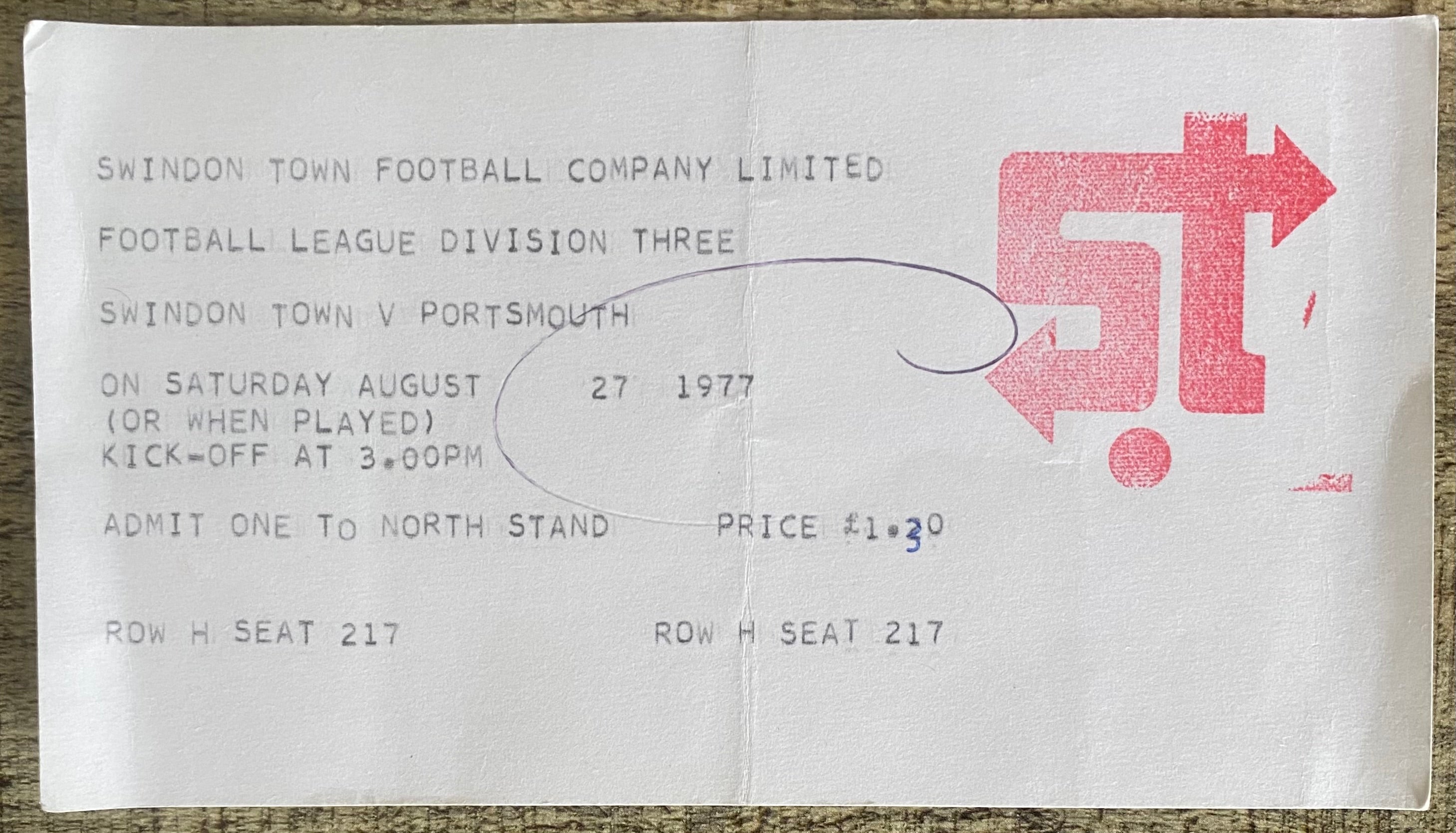 1977/78 ORIGINAL DIVISION 3 TICKET SWINDON TOWN V PORTSMOUTH