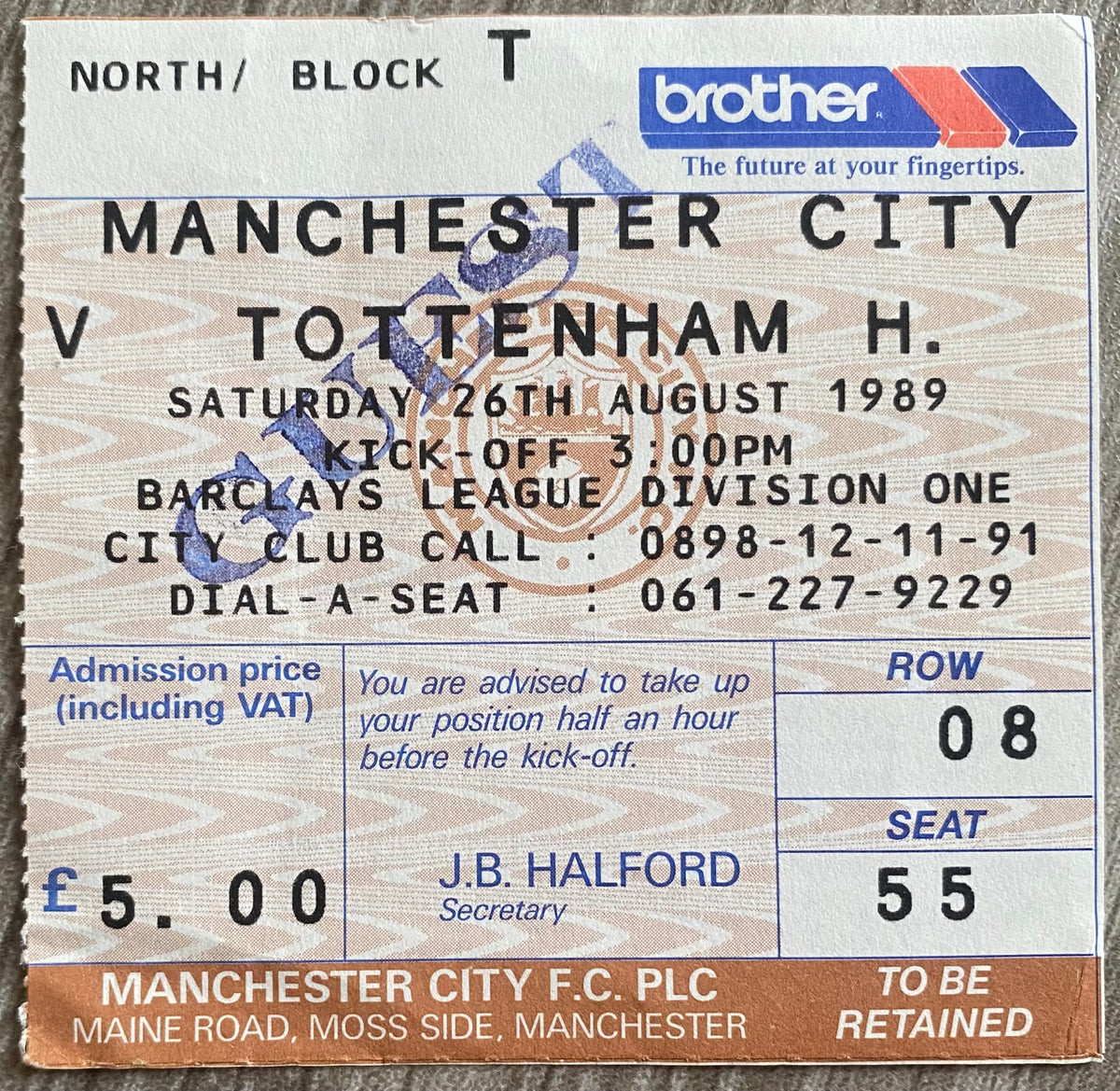 1989/90 ORIGINAL DIVISION ONE TICKET MANCHESTER CITY V TOTTENHAM HOTSPUR