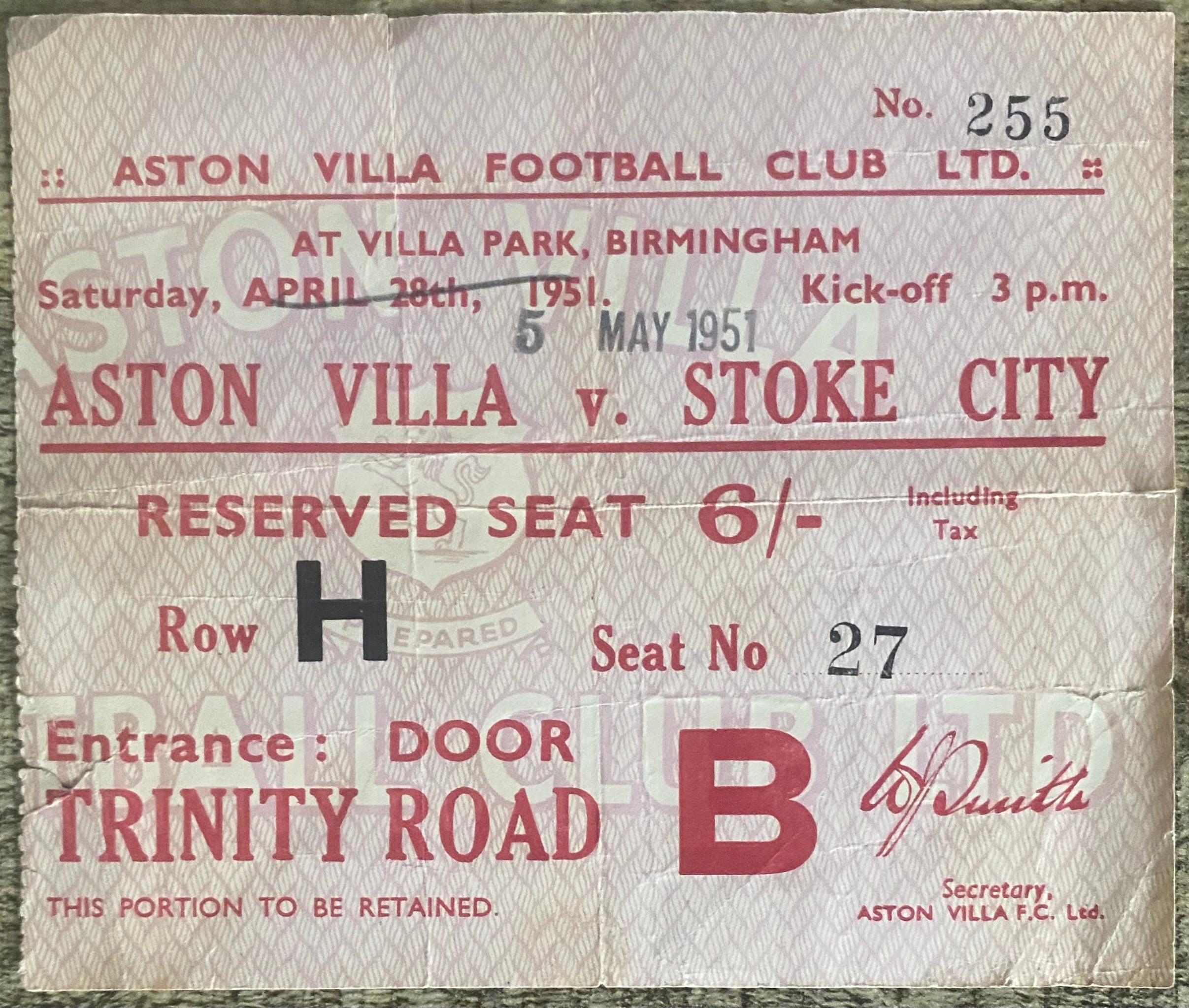1950/51 ORIGINAL DIVISION 1 TICKET ASTON VILLA V STOKE CITY