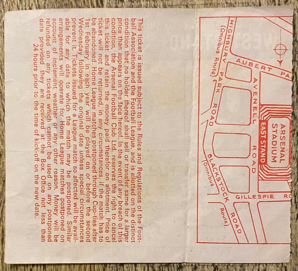 1972/73 ORIGINAL DIVISION ONE TICKET ARSENAL V WEST HAM UNITED